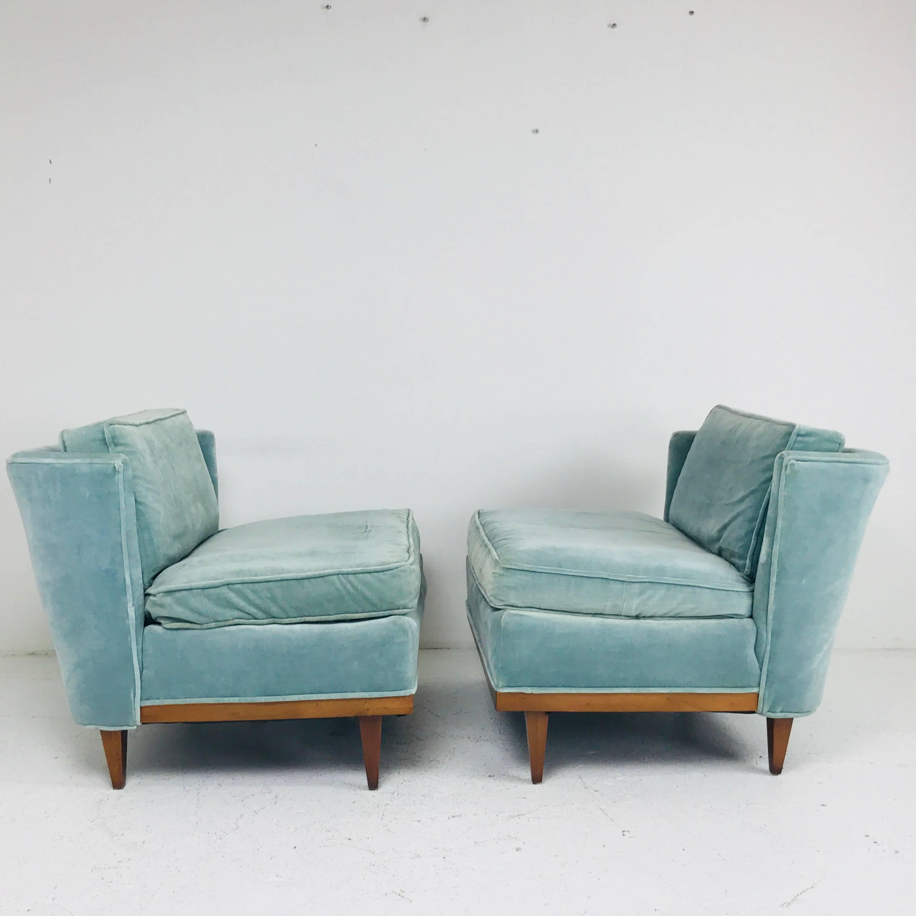Pair of Light Blue Midcentury Velvet Slipper Wingback Chairs 1