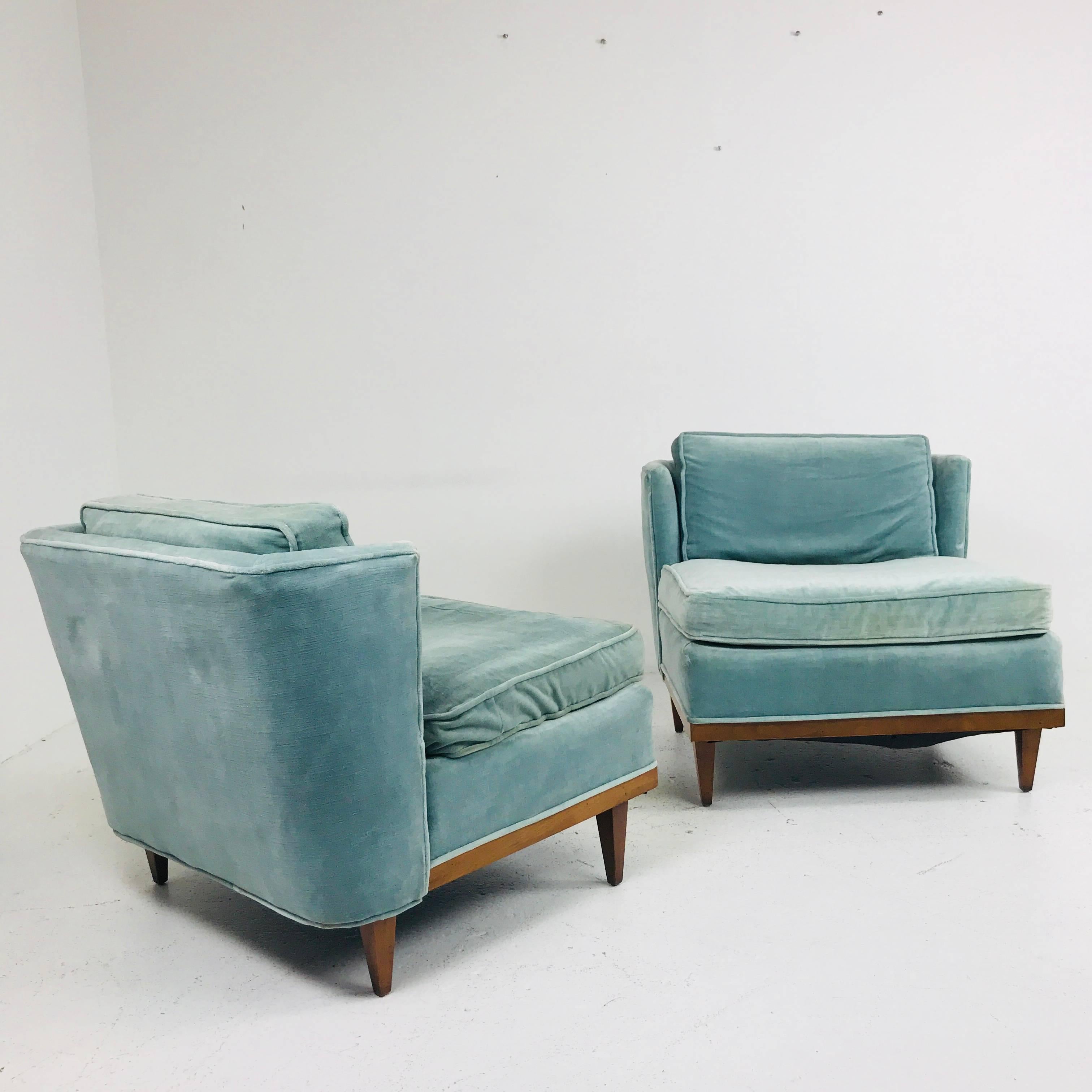 Pair of Light Blue Midcentury Velvet Slipper Wingback Chairs 2