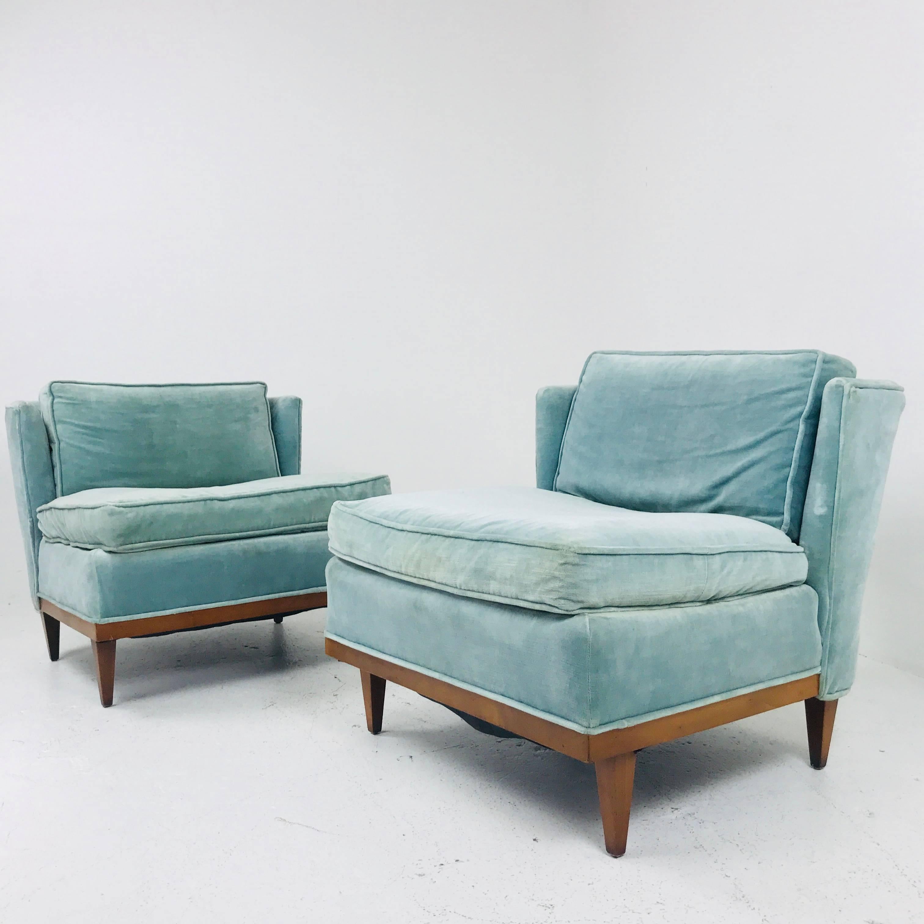 Pair of Light Blue Midcentury Velvet Slipper Wingback Chairs 3