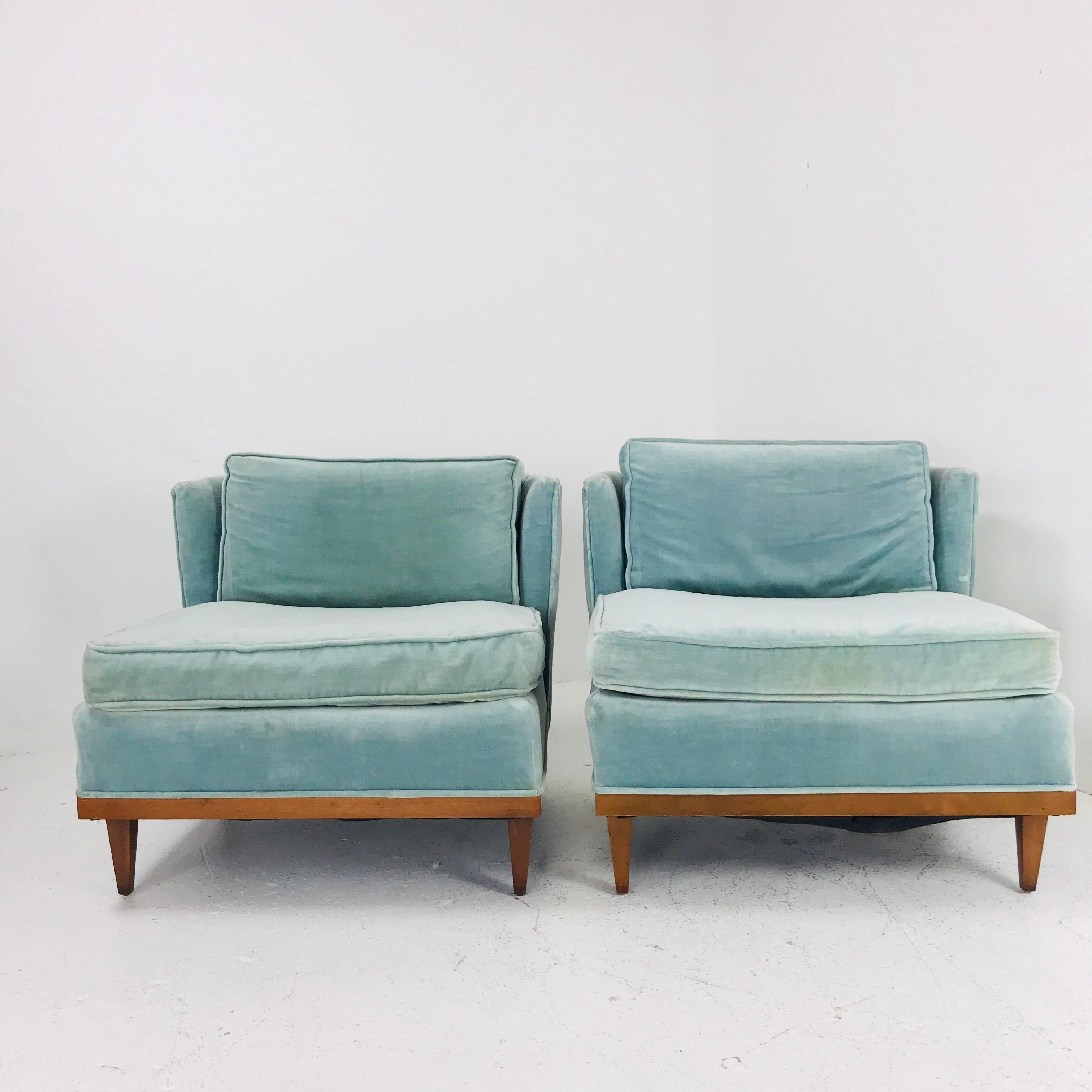Pair of Light Blue Midcentury Velvet Slipper Wingback Chairs 4