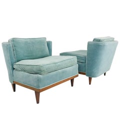 Pair of Light Blue Midcentury Velvet Slipper Wingback Chairs