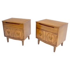 Pair Light Walnut One Drawer Two Doors Solid Brass Bucked Pulls Nightstands MINT