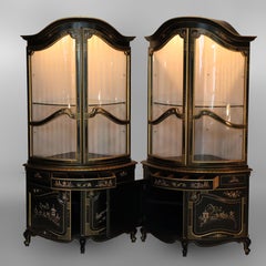 Pair Lighted Vintage Ebonized & Gilt Scenic Karges School Corner Cabinets 20thC