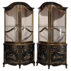 Pair Lighted Vintage Ebonized & Gilt Scenic Karges School Corner Cabinets 20thC