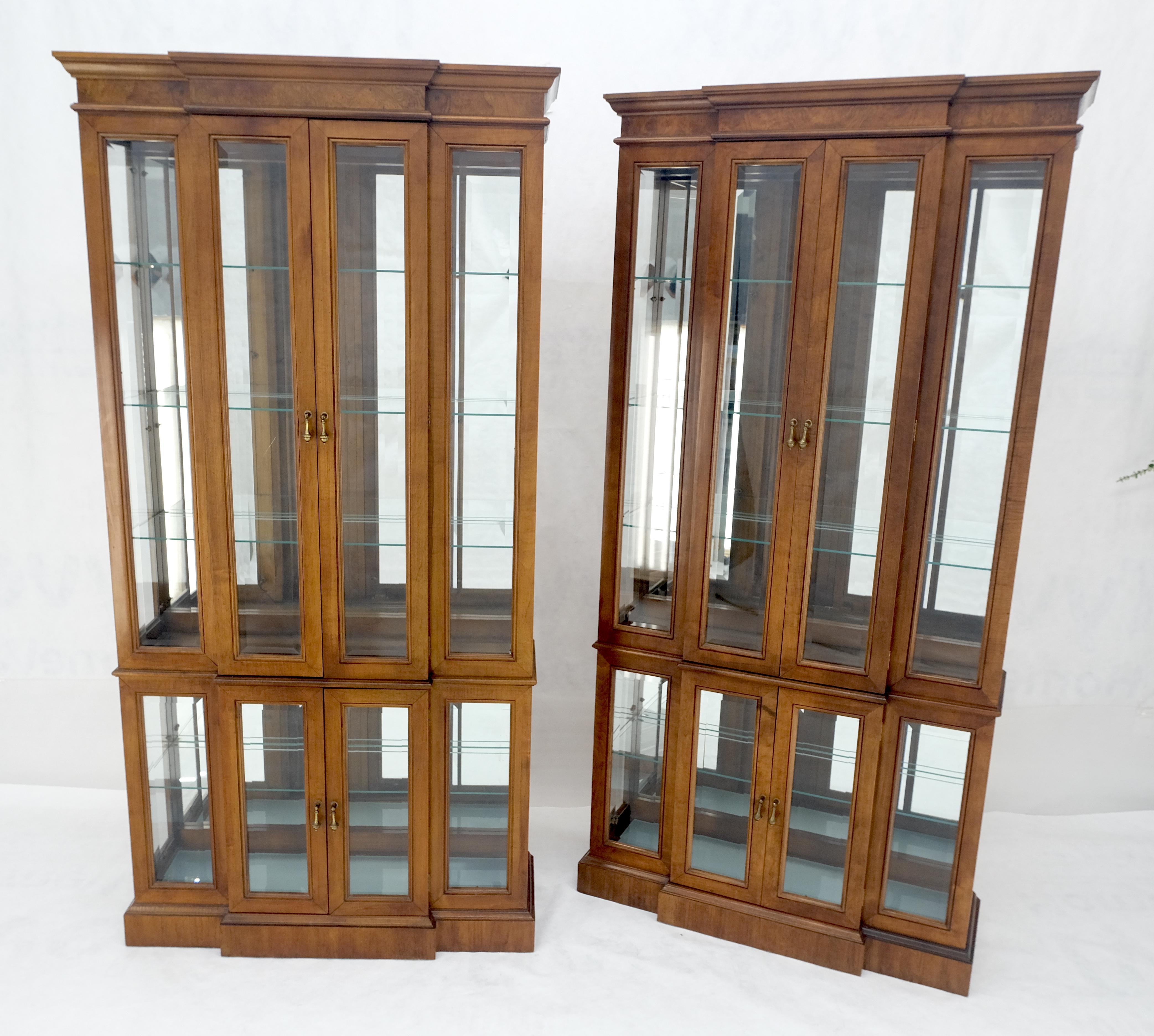 Pair Lighted Walnut Beveled Glass Mirrored Back Display Cases Vitrines Cabinets 