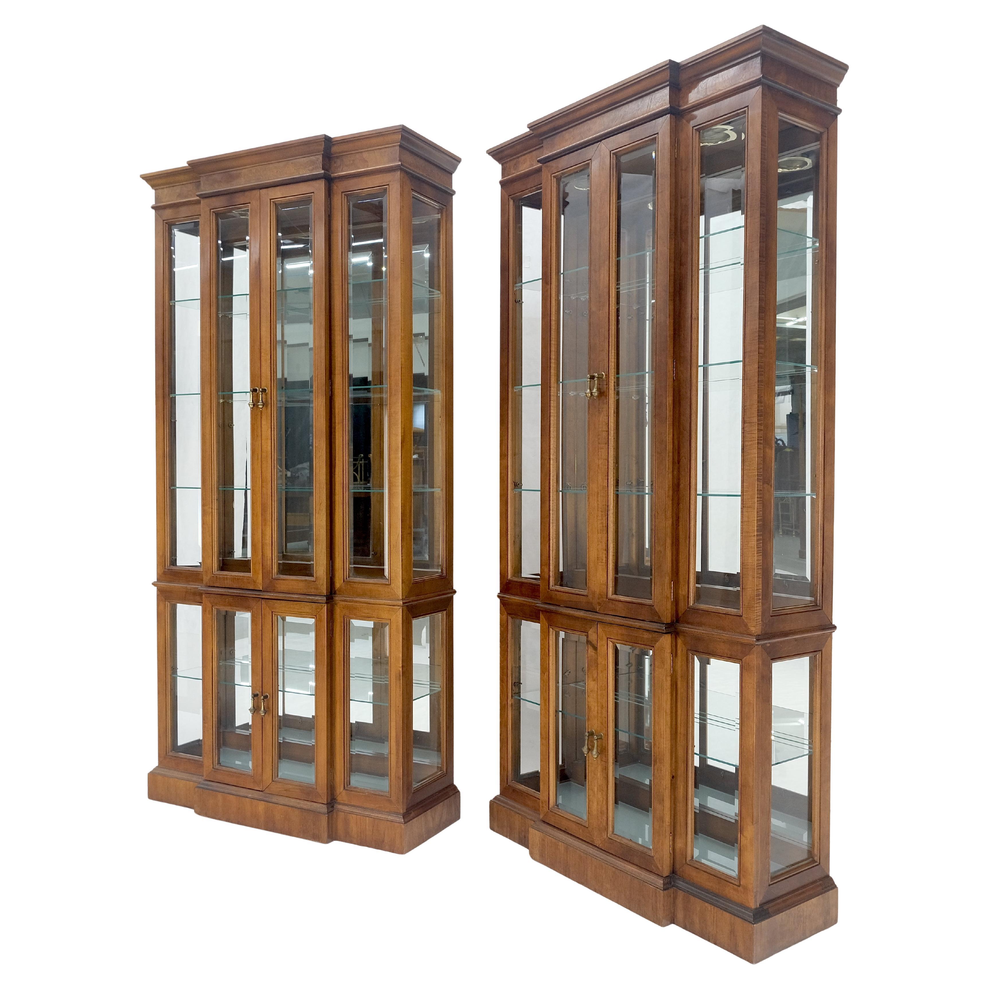 Pair Lighted Walnut Beveled Glass Mirrored Back Display Cases Vitrines Cabinets