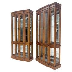Pair Lighted Walnut Beveled Glass Mirrored Back Display Cases Vitrines Cabinets