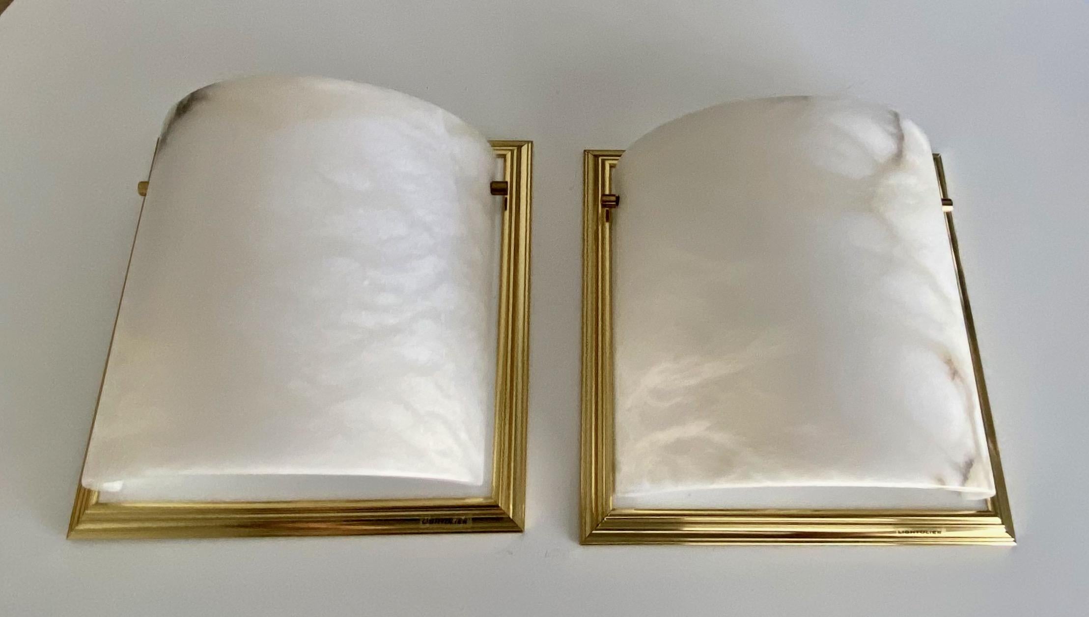 Pair Lightolier Alabaster Brass Wall Sconces In Excellent Condition In Palm Springs, CA