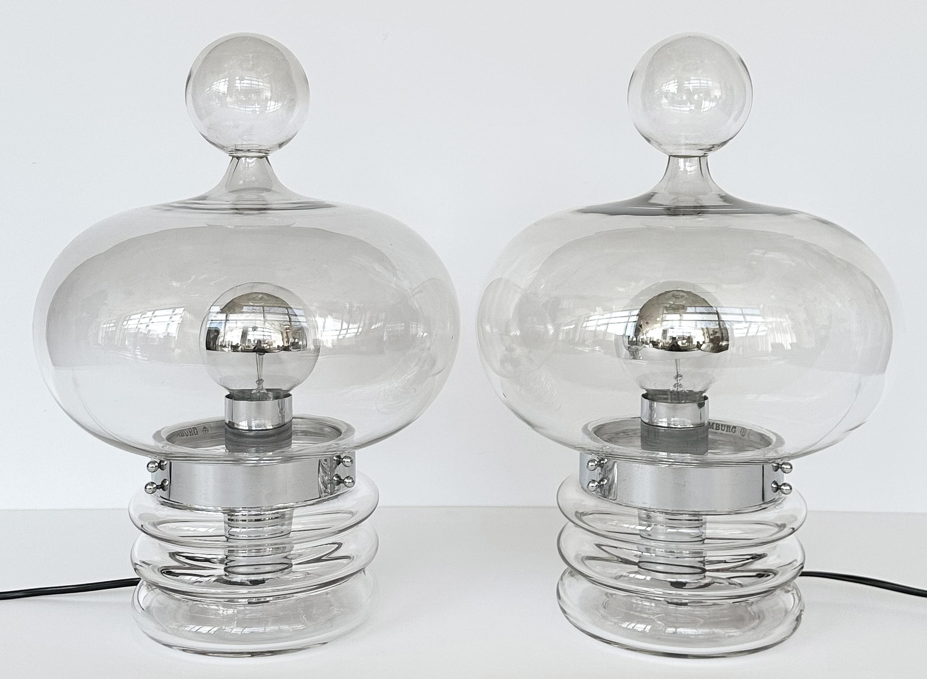 Mid-Century Modern Pair Limburg Clear Glass and Chrome Table Lamps
