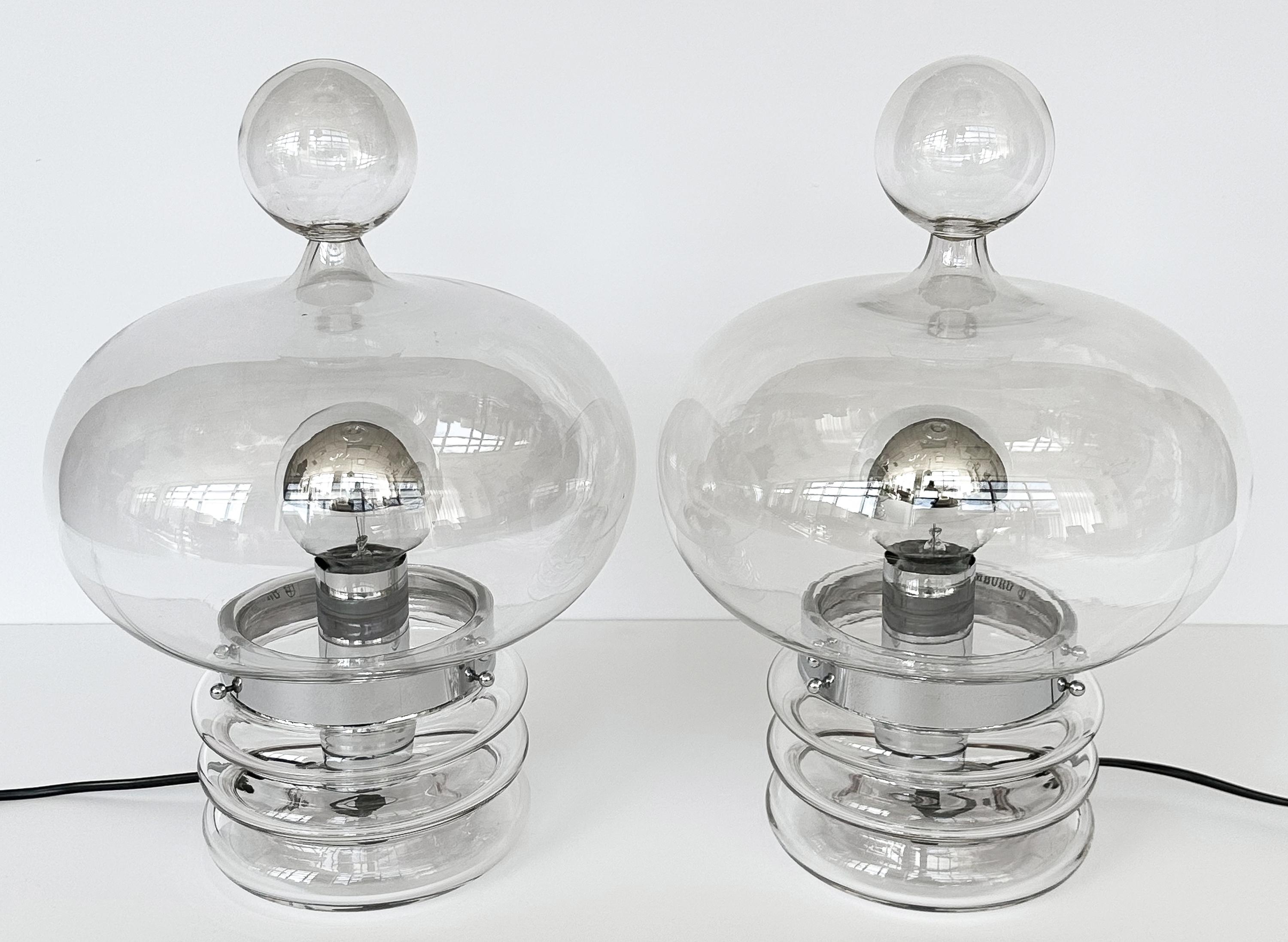 German Pair Limburg Clear Glass and Chrome Table Lamps