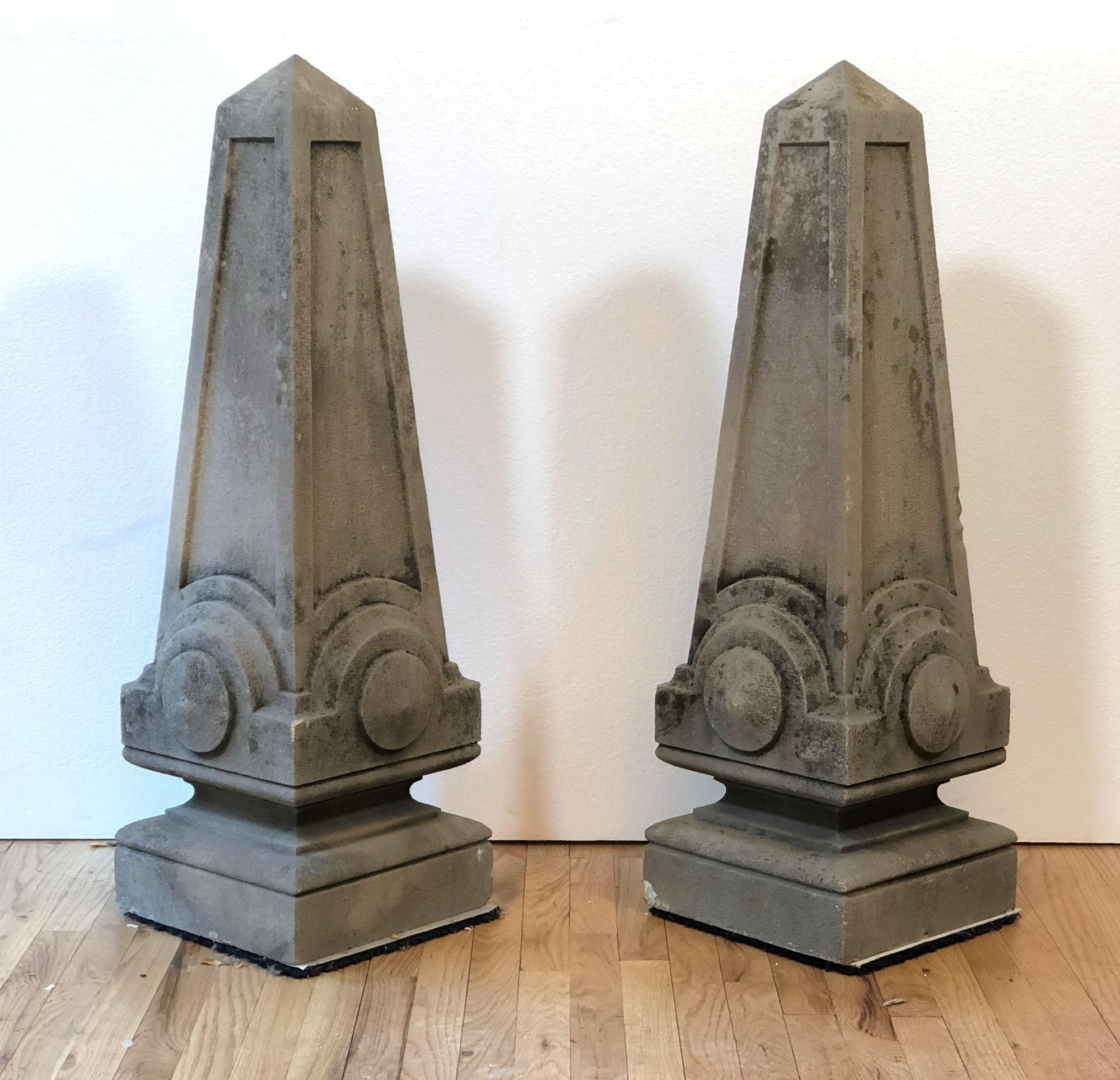 Pair of hand carved gray limestone obelisks from the mansion of Billy Rose the lyricist. The Rose Hill Mansion was located on 98 acres of land at 773 Armonk- New Castle, Mount Kisco, NY. The original Tudor style manor built in 1904 at 10,000 square