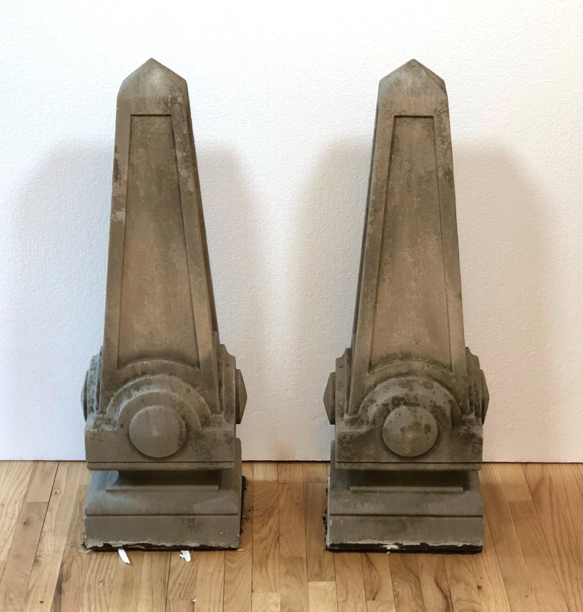 Tudor Pair Limestone Obelisks from Billy Rose Mansion Mt Kisco Hand Carved