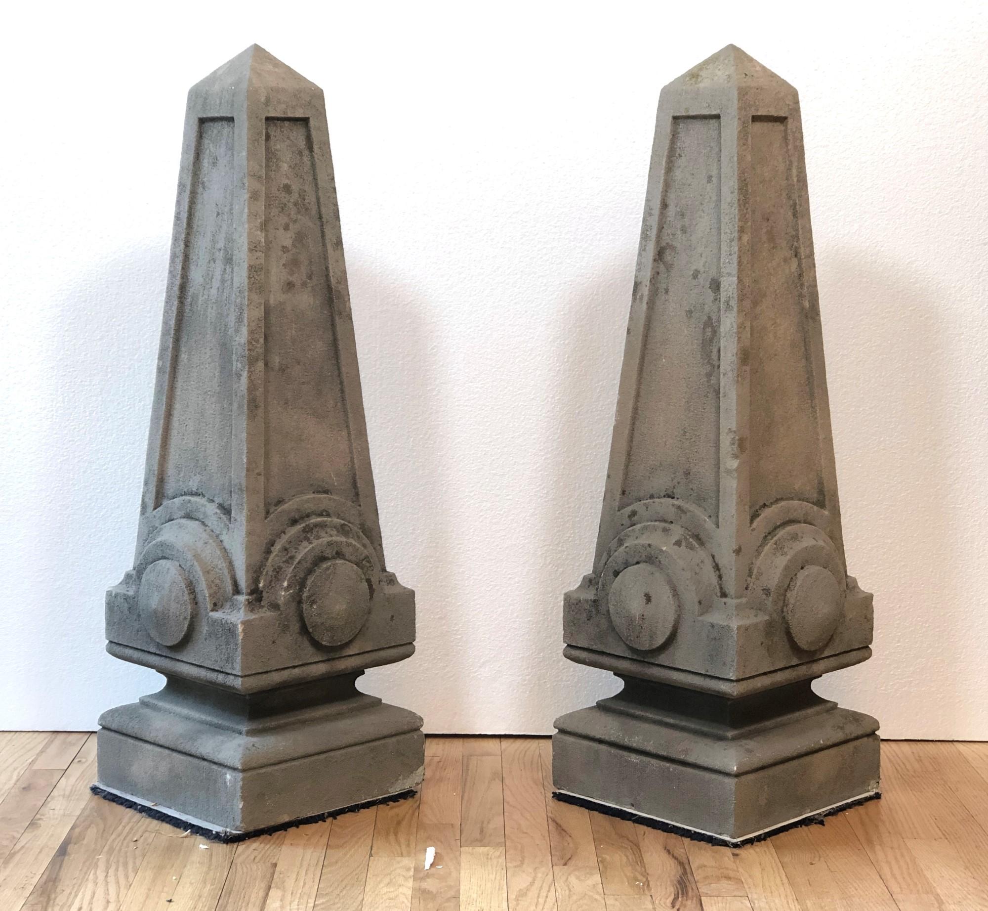 American Pair Limestone Obelisks from Billy Rose Mansion Mt Kisco Hand Carved