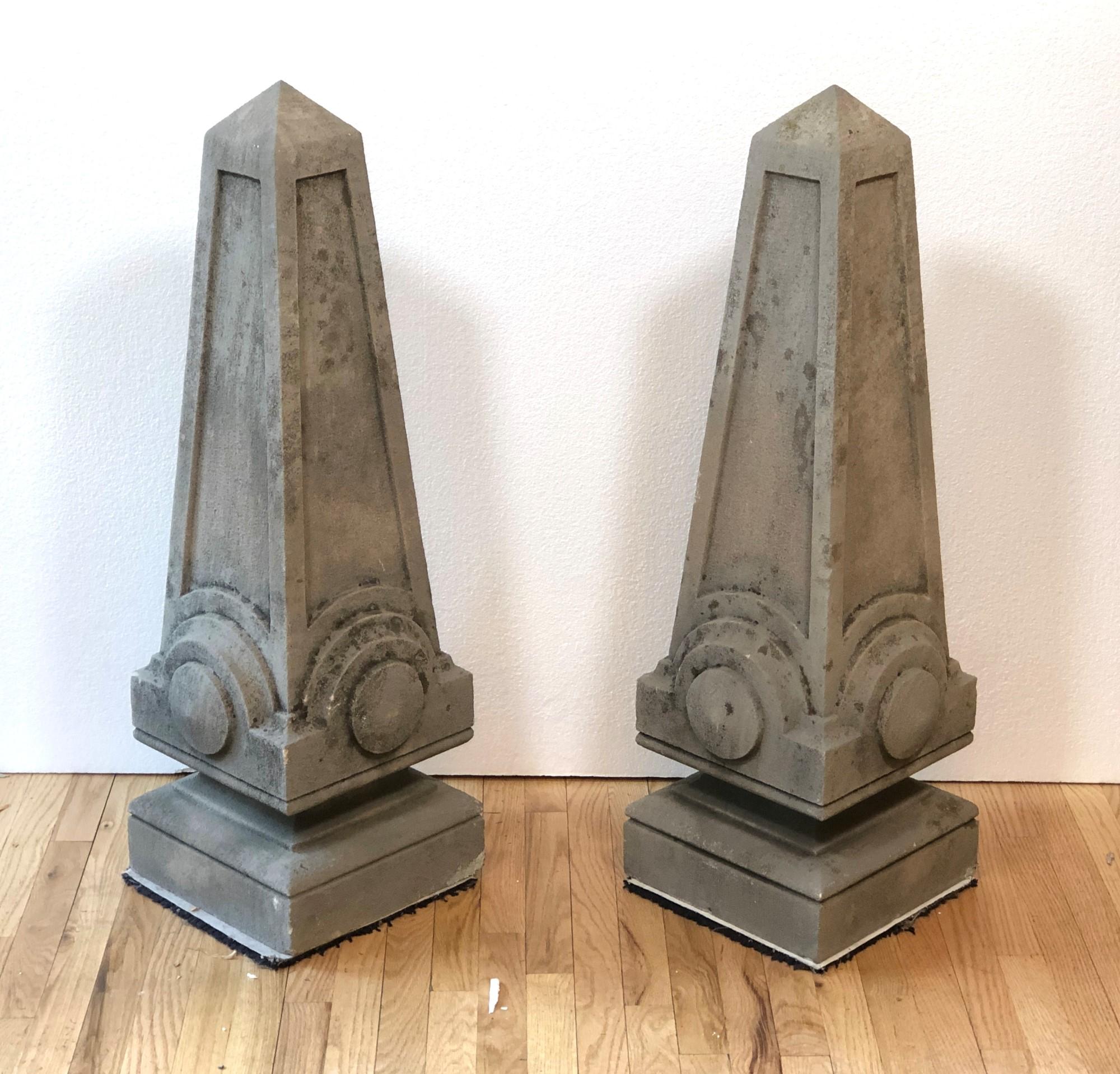 Hand-Carved Pair Limestone Obelisks from Billy Rose Mansion Mt Kisco Hand Carved