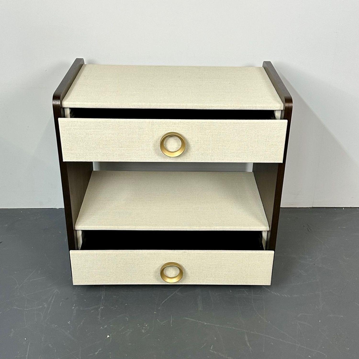 Pair Linen Wrapped Nightstands, End or Side Tables, Beige, Walnut, American 8
