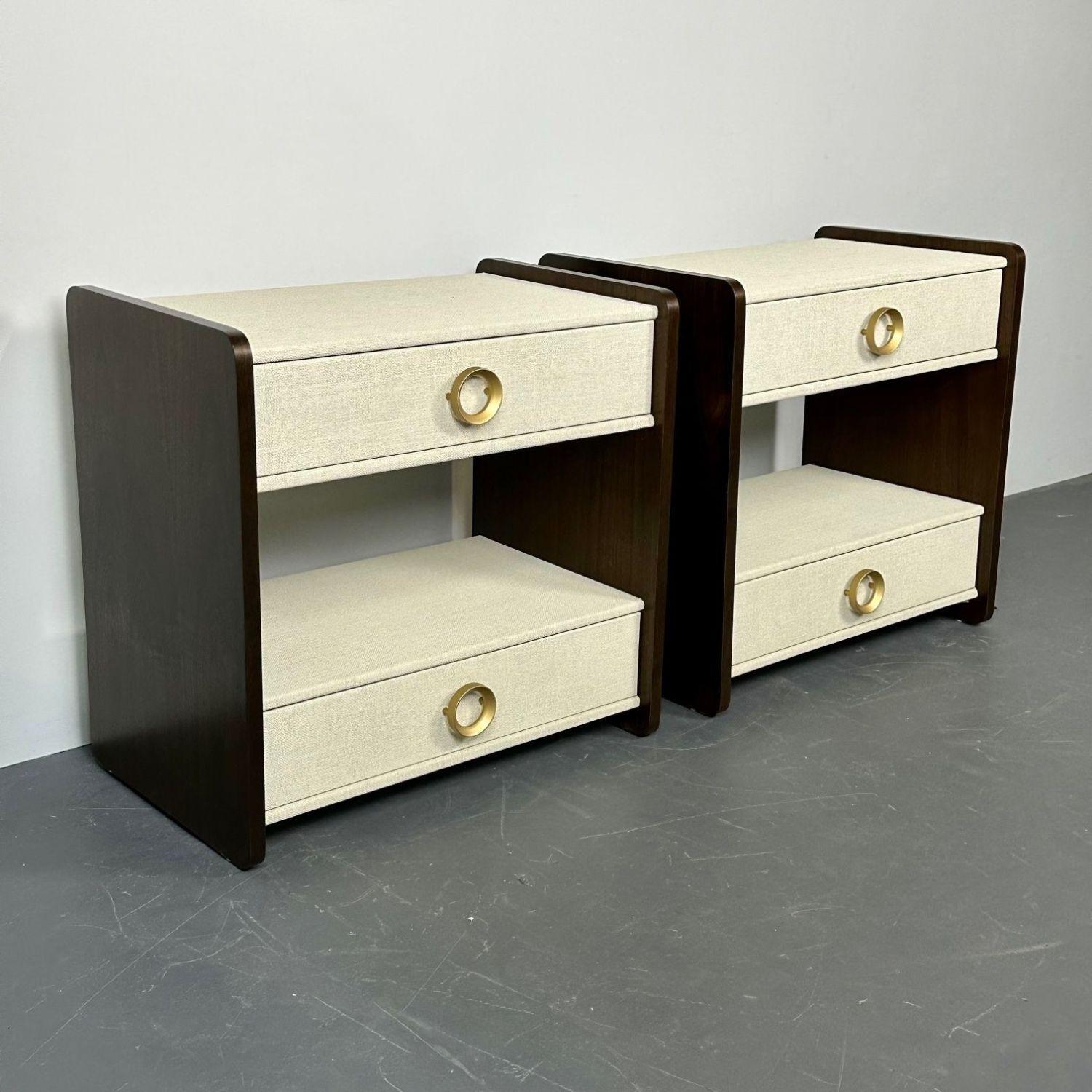 Pair Linen Wrapped Nightstands, End or Side Tables, Beige, Walnut, American
Custom quality pair of chests each wooden wrapped in Linen made in America. This finely decorative pair of bedside tables or end tables are wide and quite functional in form