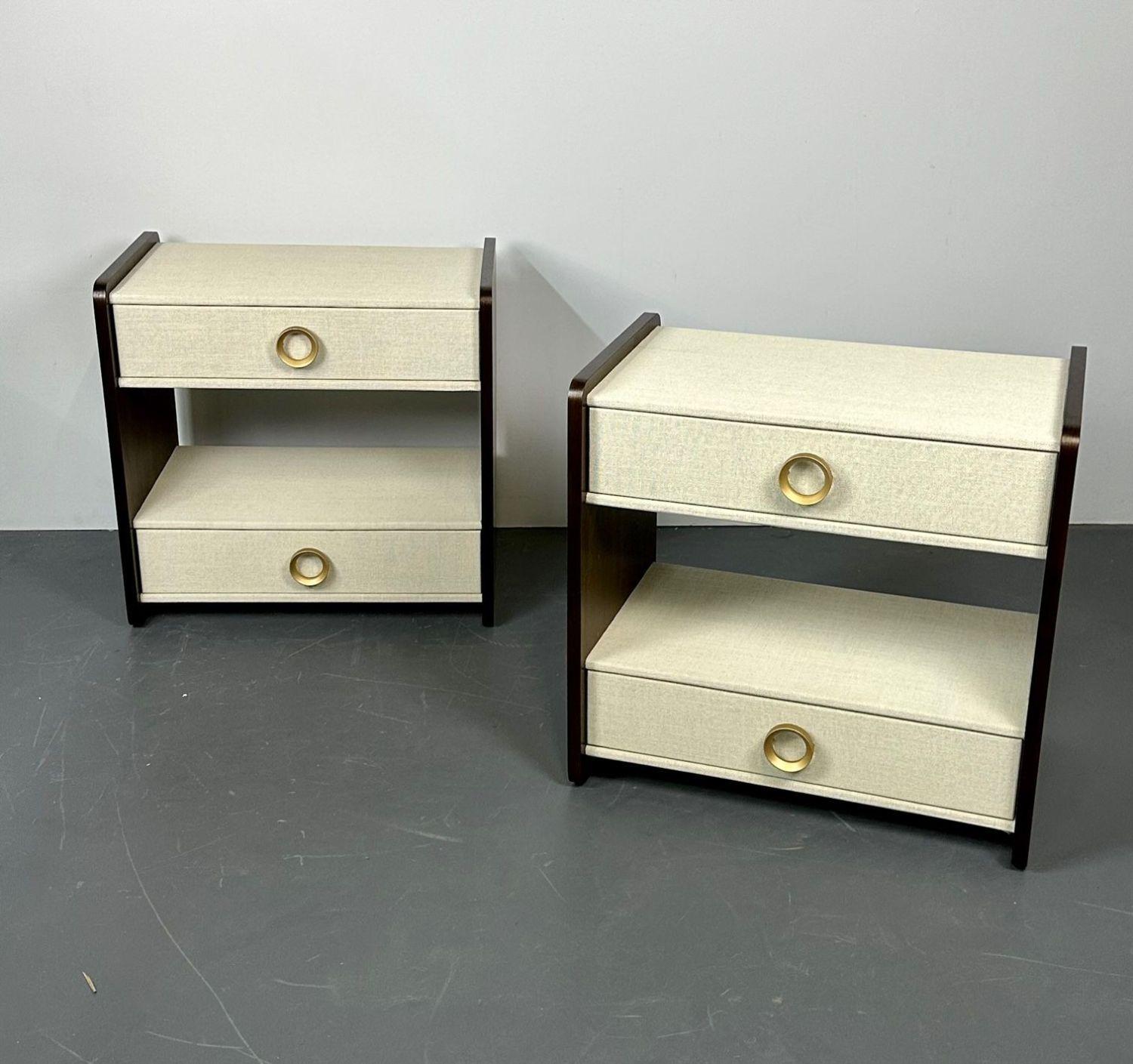 Pair Linen Wrapped Nightstands, End or Side Tables, Beige, Walnut, American In Good Condition In Stamford, CT