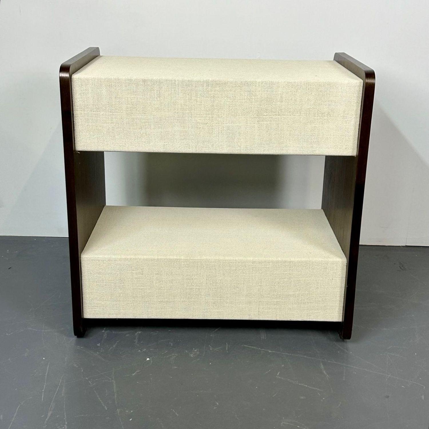 Pair Linen Wrapped Nightstands, End or Side Tables, Beige, Walnut, American 4