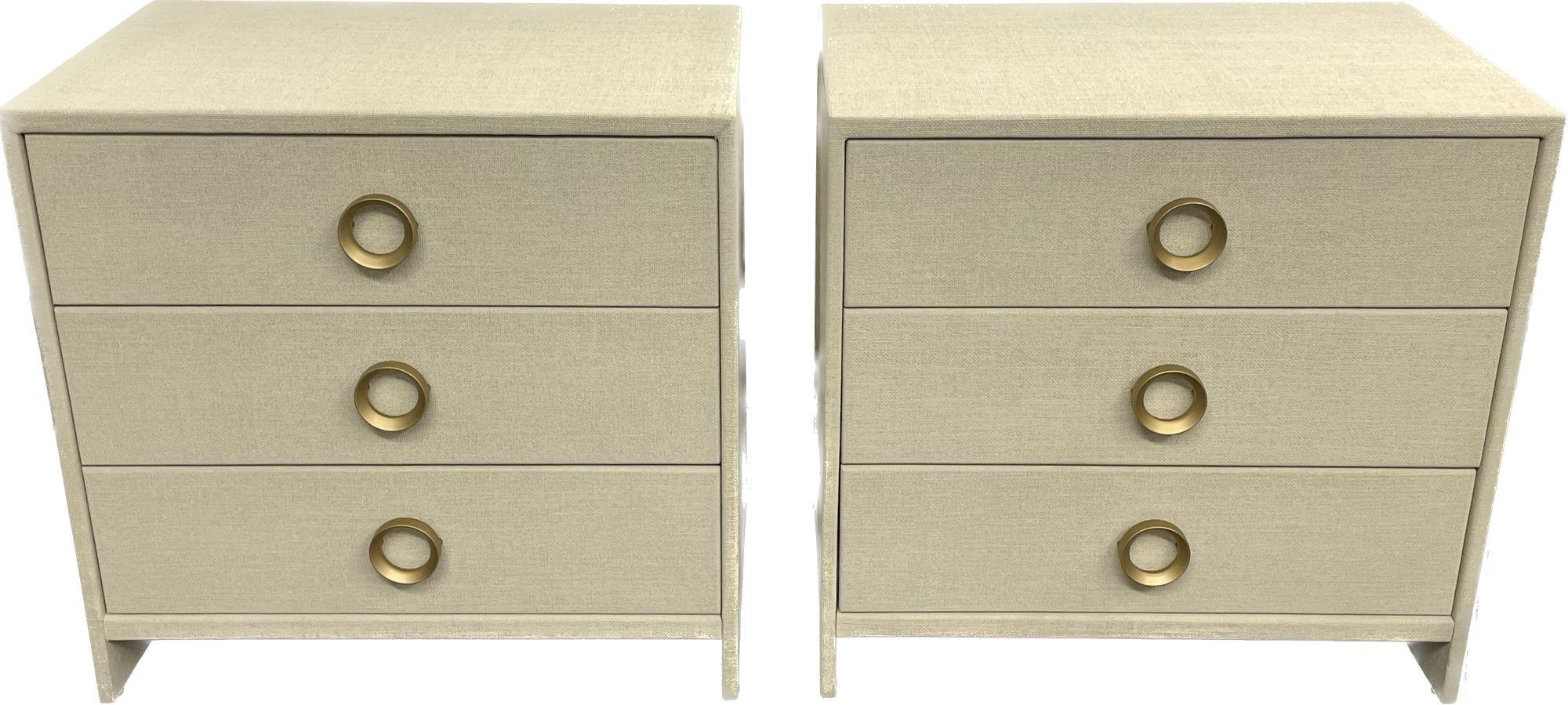 Post-Modern Pair Linen Wrapped Three Drawer Commodes / Chests, Nightstands, Modern, American For Sale