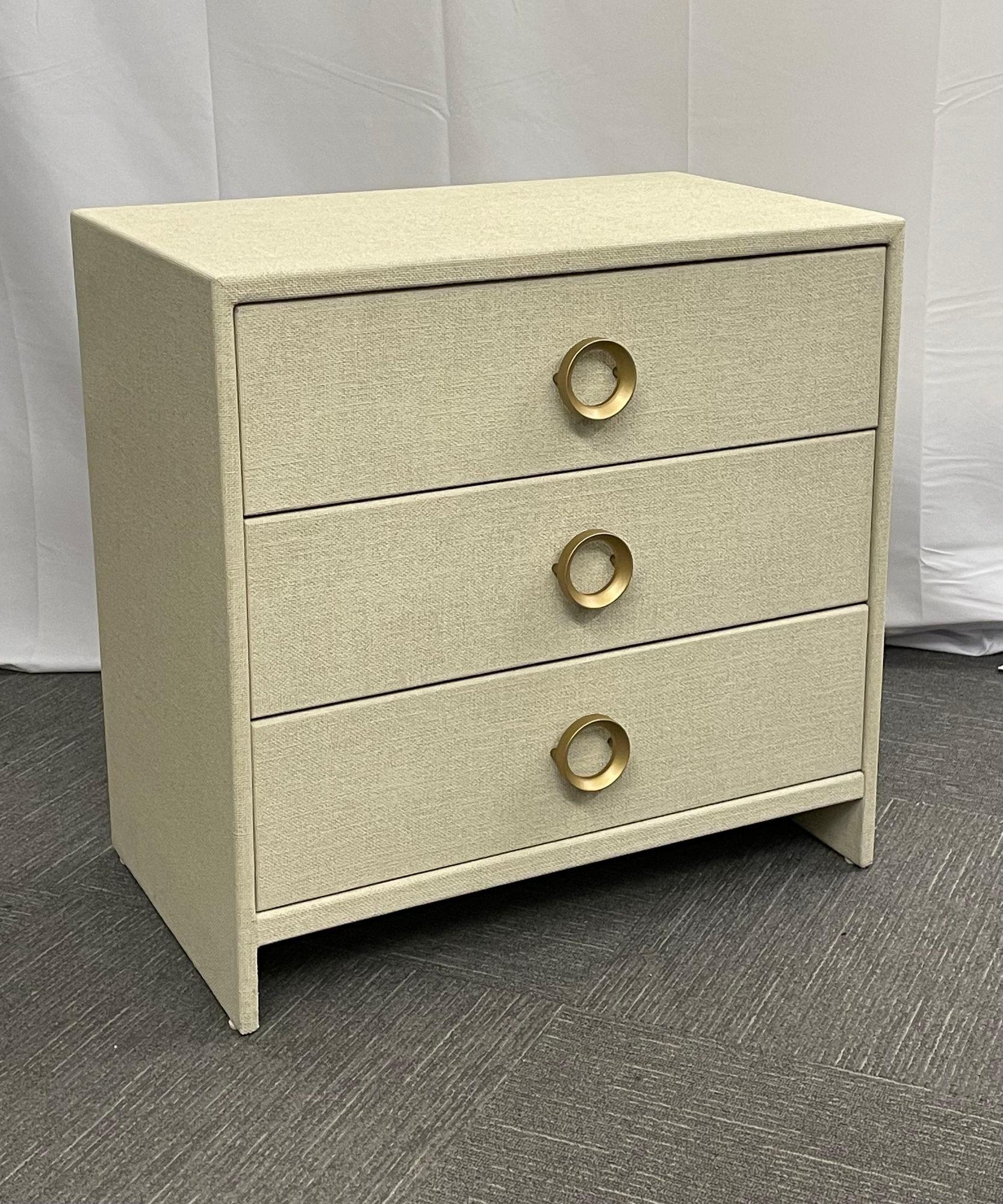 Pair Linen Wrapped Three Drawer Commodes / Chests, Nightstands, Modern, American In Good Condition For Sale In Stamford, CT