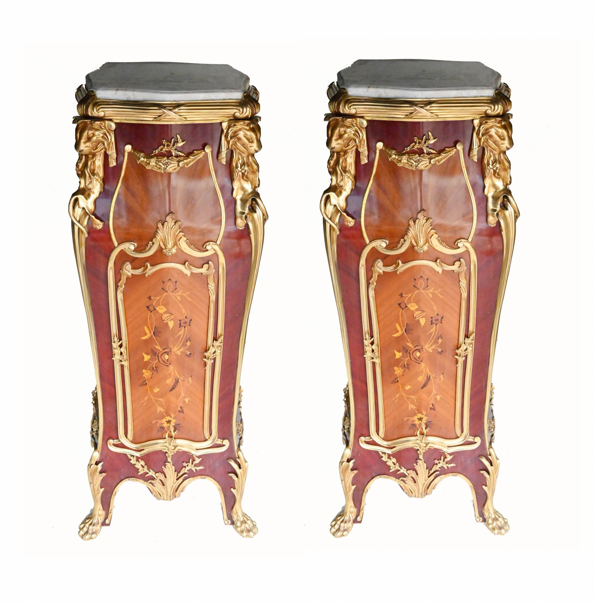 Elegant pair of French pedestal stands after Francois Linke
These really are the ultimate for a high end interior
Crafted from kingwood with intricate inlay work including floral motifs
Linke (1855) was a famous French ebiniste and cabinet maker