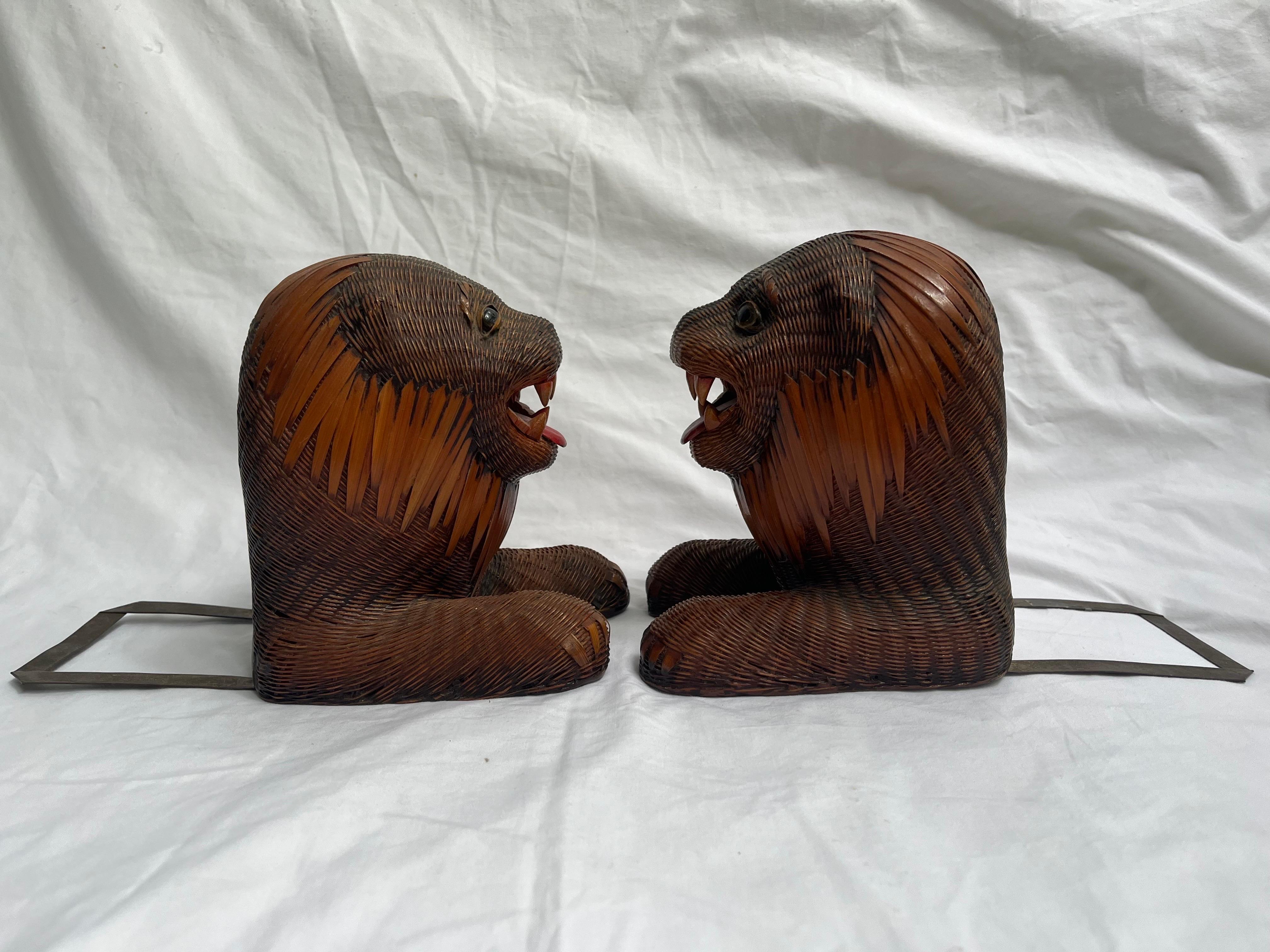 Pair Lion Bookends in Woven Reed and Polychrome from Shanghai Collection China 6