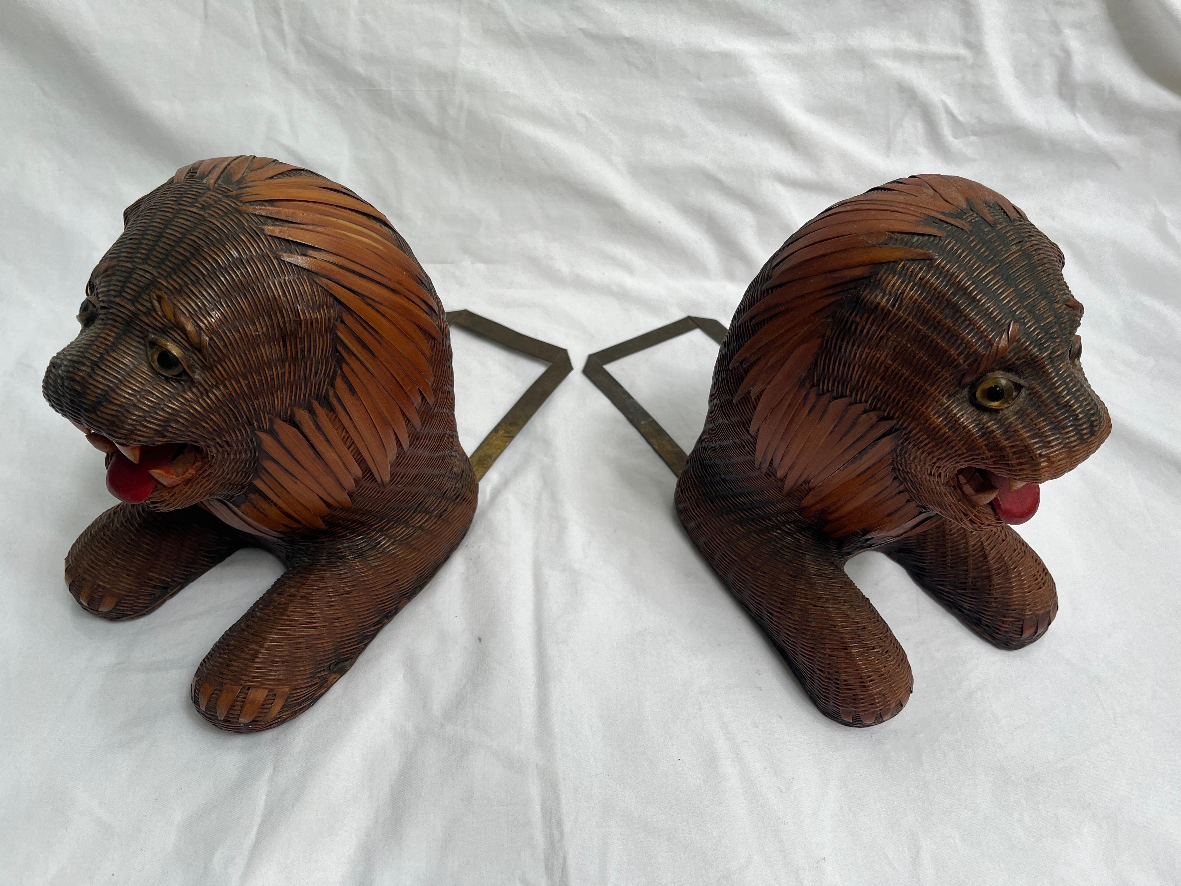 Pair Lion Bookends in Woven Reed and Polychrome from Shanghai Collection China 7