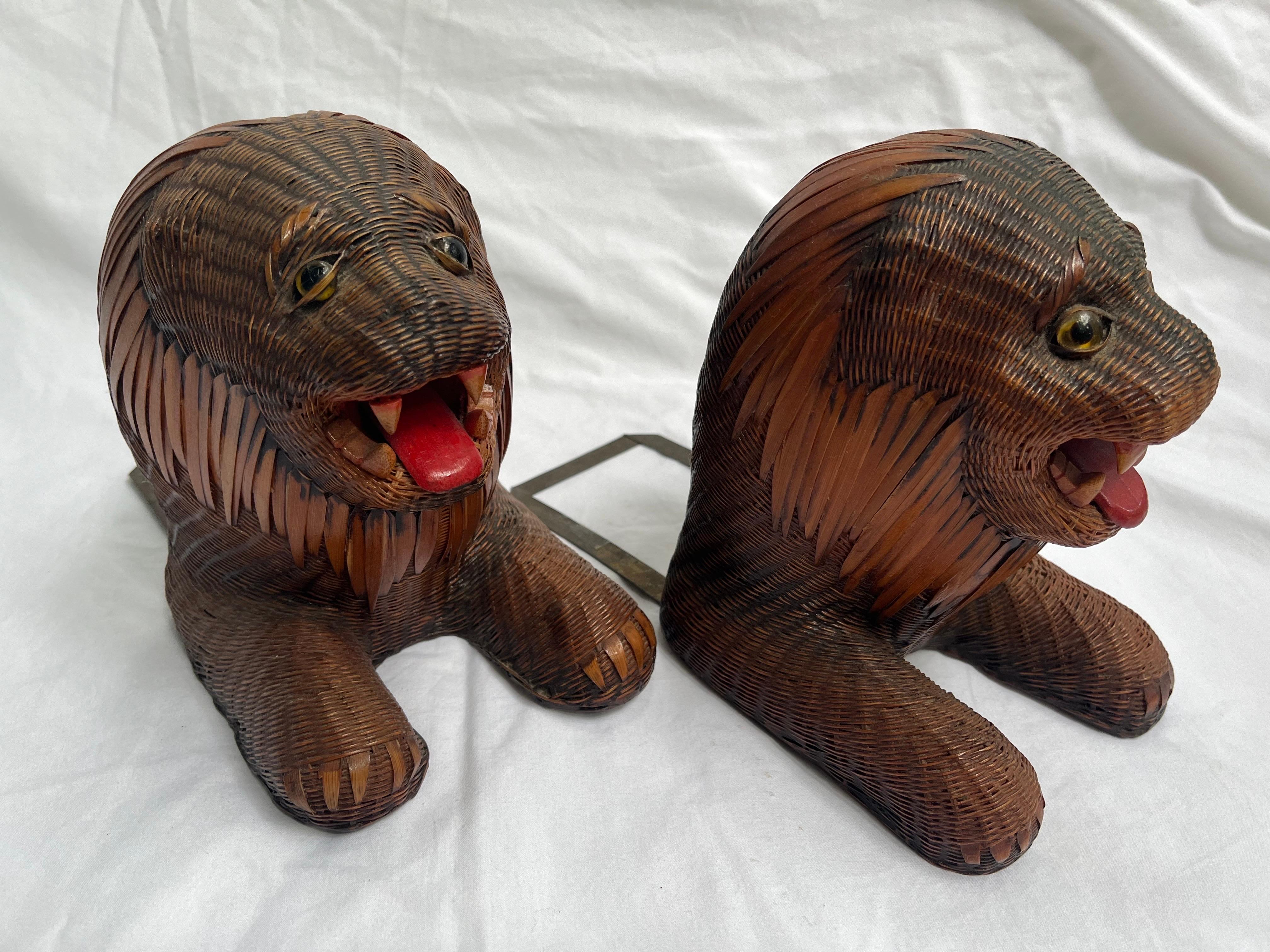 Chinese Pair Lion Bookends in Woven Reed and Polychrome from Shanghai Collection China