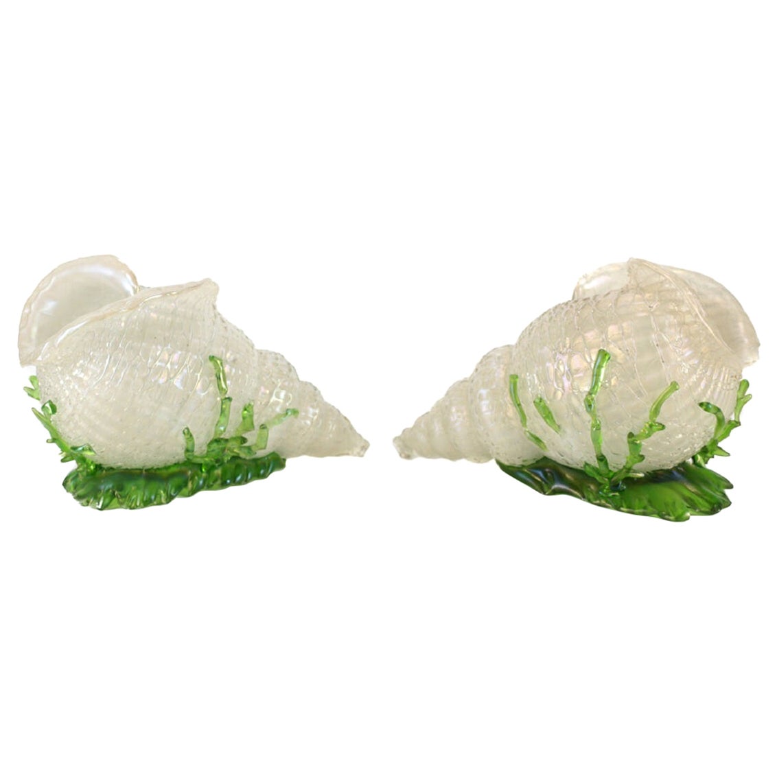 Pair Loetz Applied Threaded Green Iridescent Conch Shells Seaweed, 20th Century For Sale