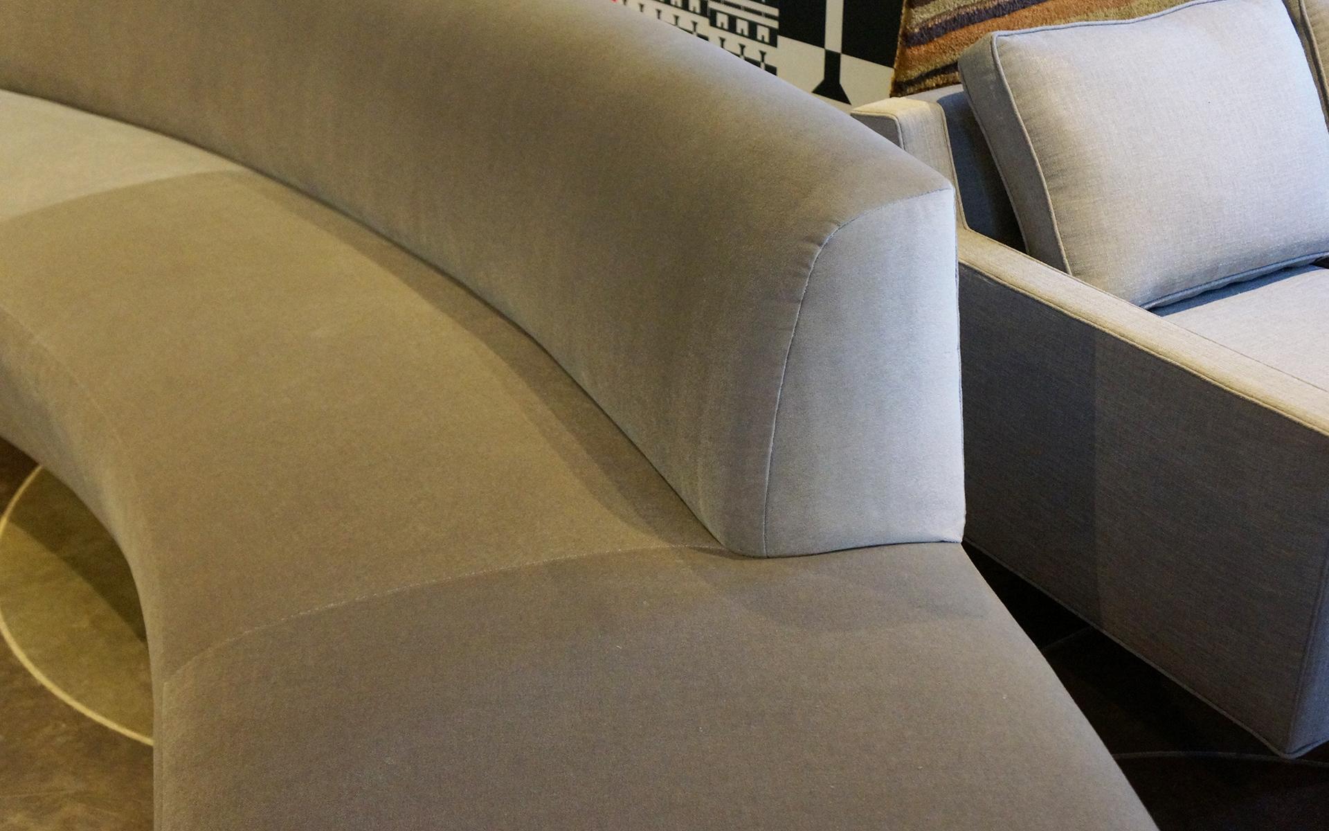 One sofa with back and one without. Both redone in a gray/beige mohair fabric. These are from the one and only Arthur Elrod House in Palm Springs. The house was designed by John Lautner. Also the set for the James Bond Film Diamonds Are Forever.