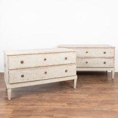 Pair, Long Gray Painted Pine Chests of Two Drawers, Sweden circa 1800-40