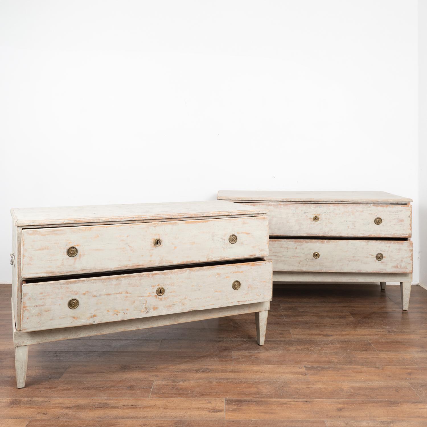 19th Century Pair, Long Gray Painted Pine Chests of Two Drawers, Sweden circa 1800-40 For Sale