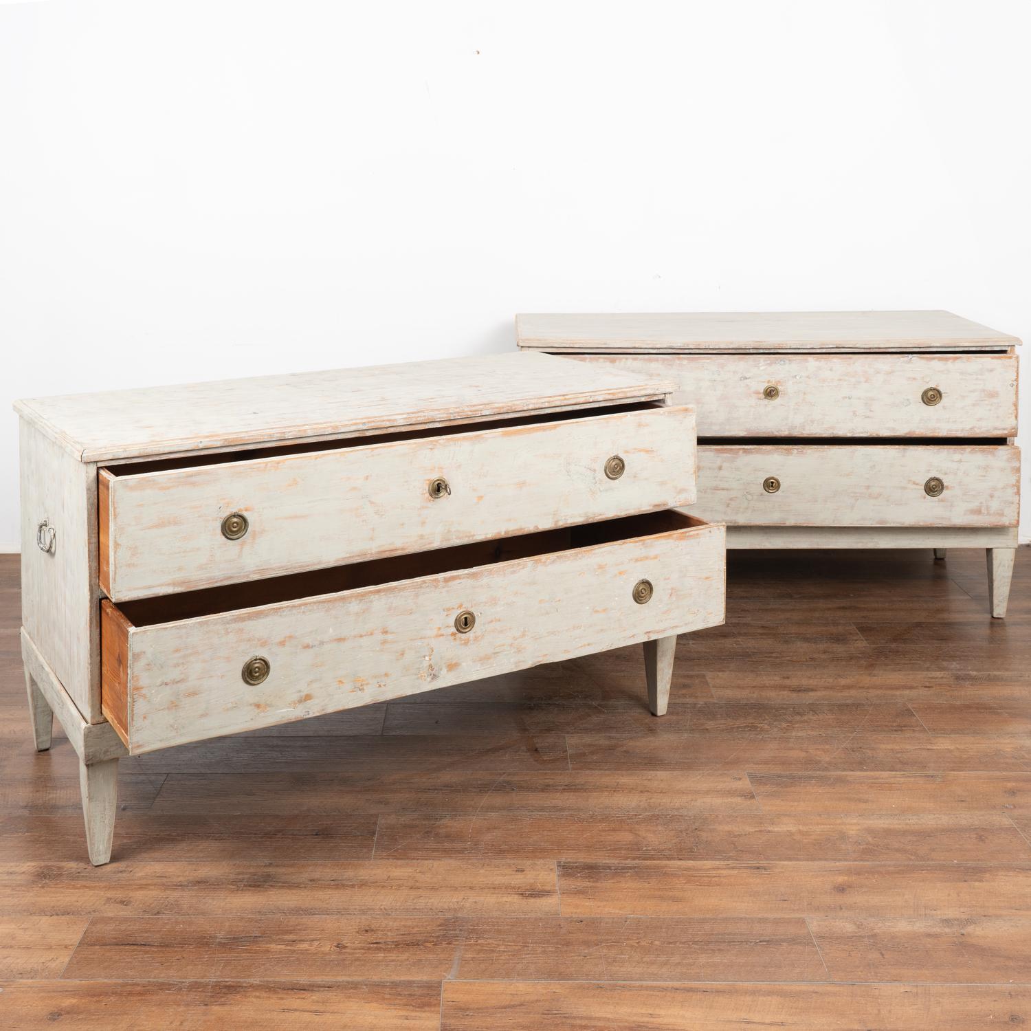 Brass Pair, Long Gray Painted Pine Chests of Two Drawers, Sweden circa 1800-40 For Sale
