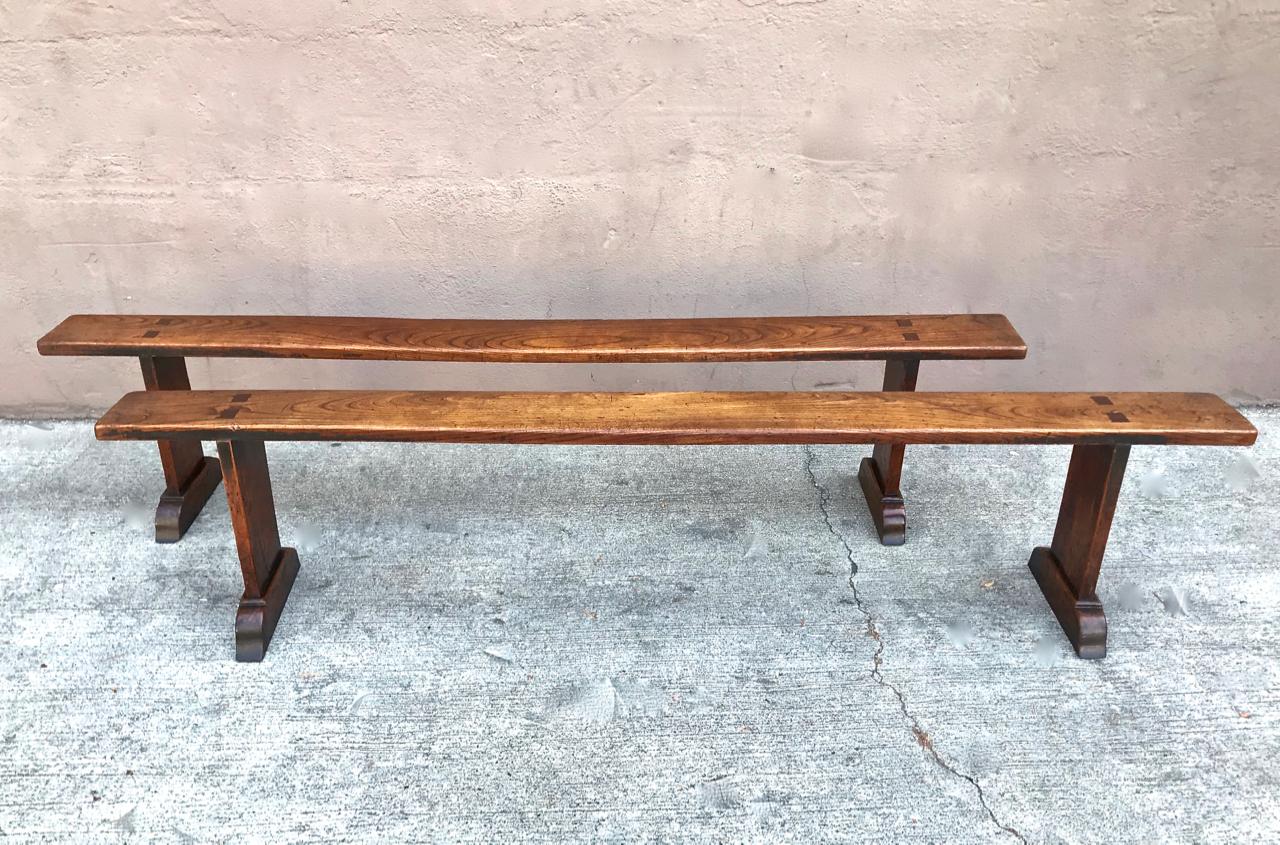 Pair of Long Chestnut Benches, 19th Century In Good Condition In Pasadena, CA