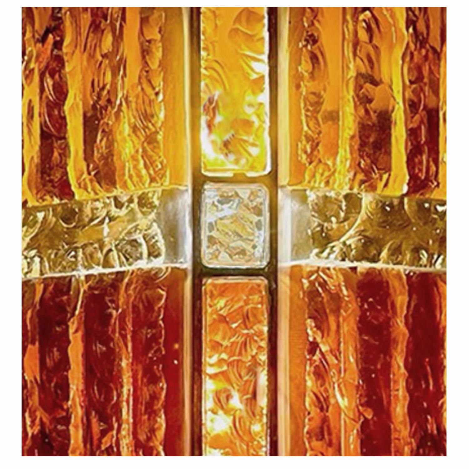 italien Paire d'appliques en verre de Murano martelé et fer forgé, ambre et topaze, de Longobard en vente