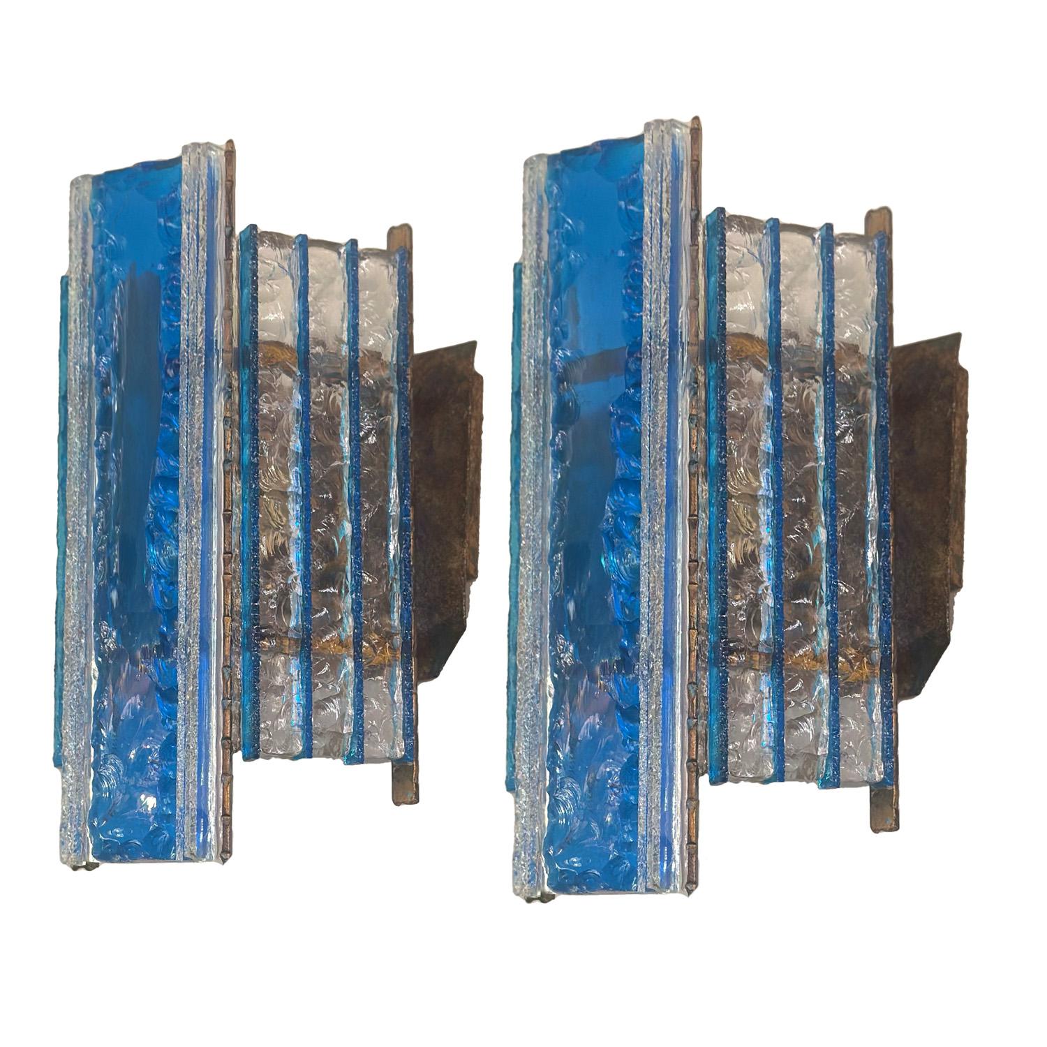 Brutalist Pair Longobard Blue and Clear Hammered Murano Glass and Wrought Iron Sconces For Sale