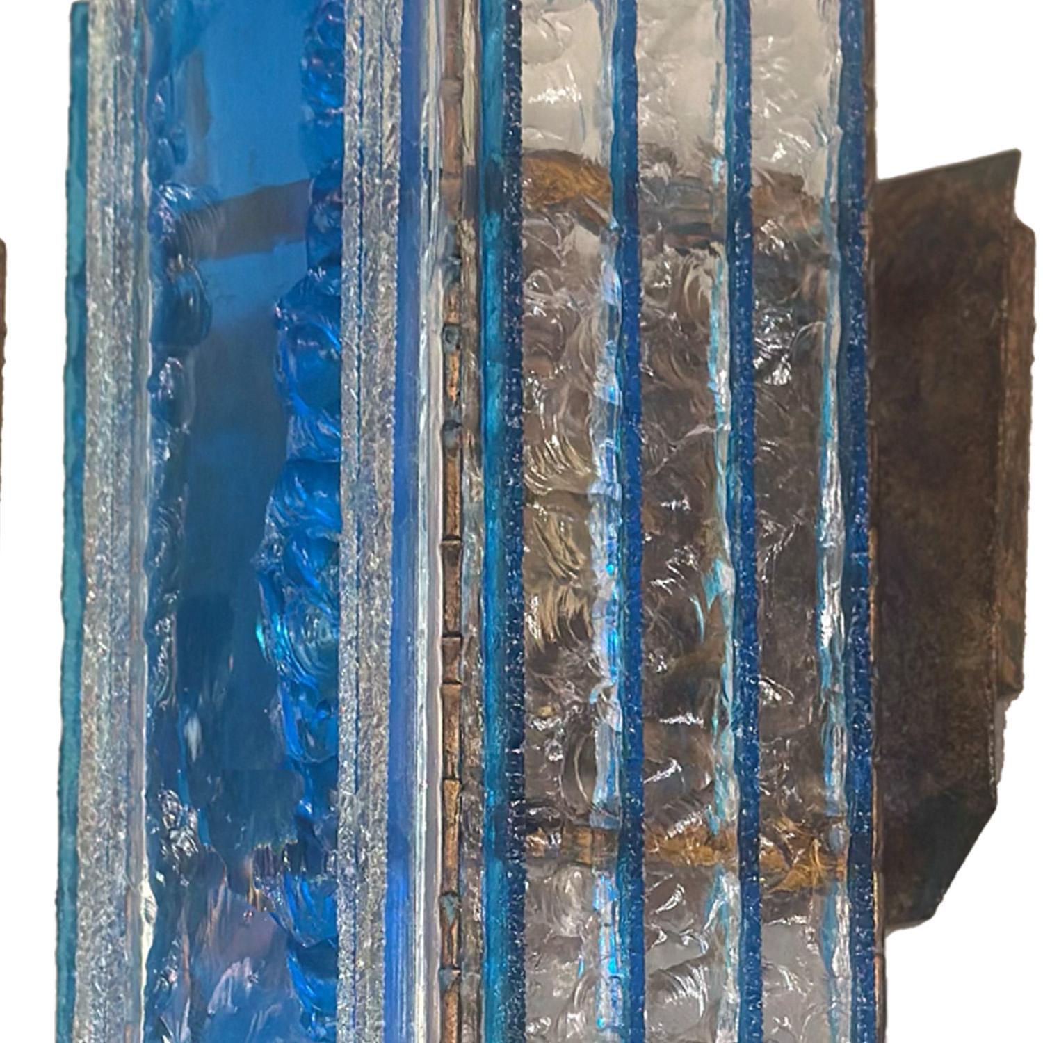 Italian Pair Longobard Blue and Clear Hammered Murano Glass and Wrought Iron Sconces For Sale