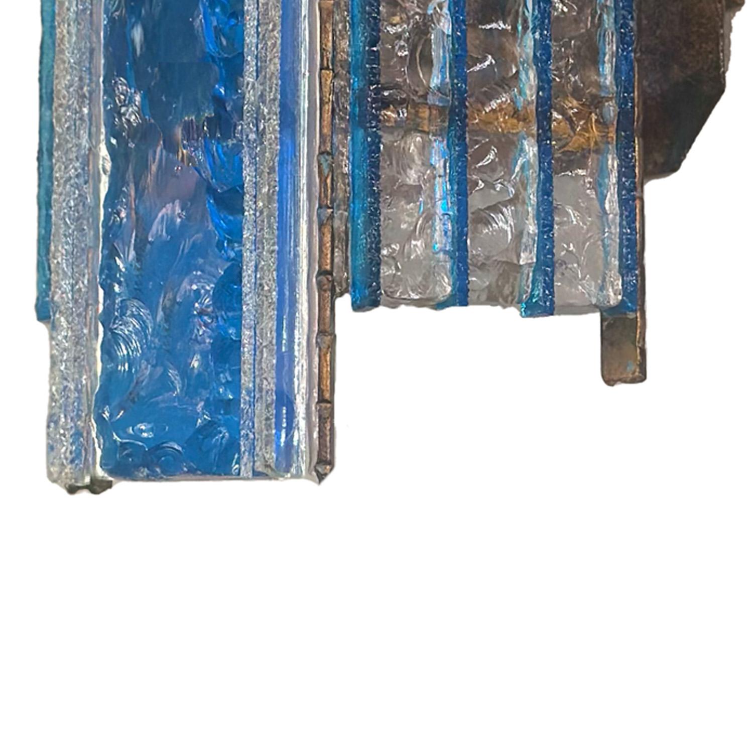Hand-Crafted Pair Longobard Blue and Clear Hammered Murano Glass and Wrought Iron Sconces For Sale