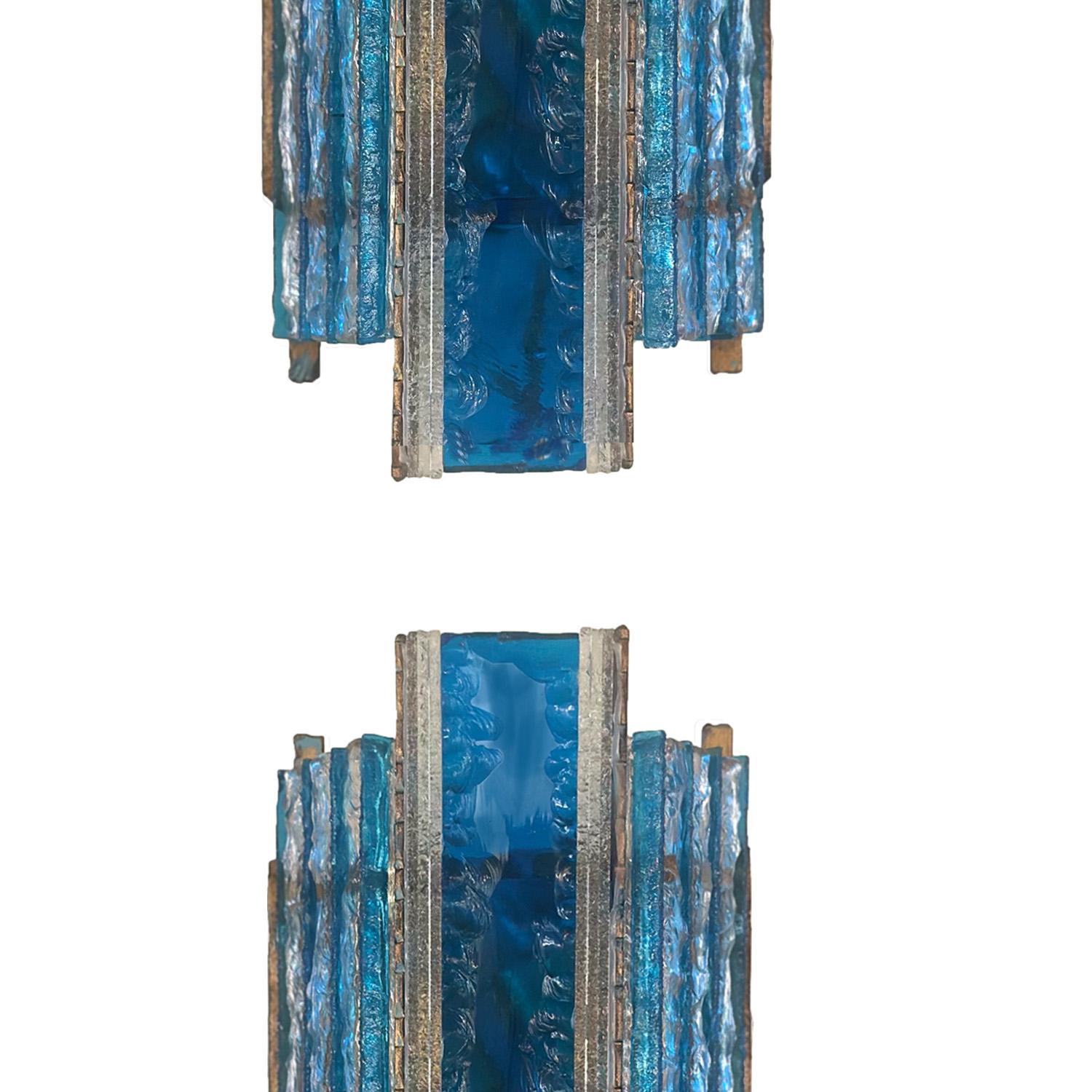 Pair Longobard Blue and Clear Hammered Murano Glass and Wrought Iron Sconces In Good Condition For Sale In New York, NY