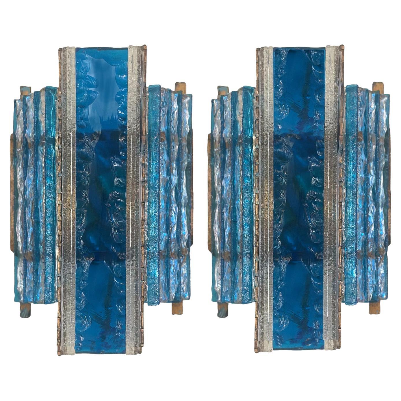 Paar Longobard Blau und Klar gehämmert Murano Glas und Schmiedeeisen Wandleuchter