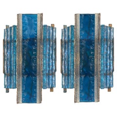 Pair Longobard Blue and Clear Hammered Murano Glass and Wrought Iron Sconces