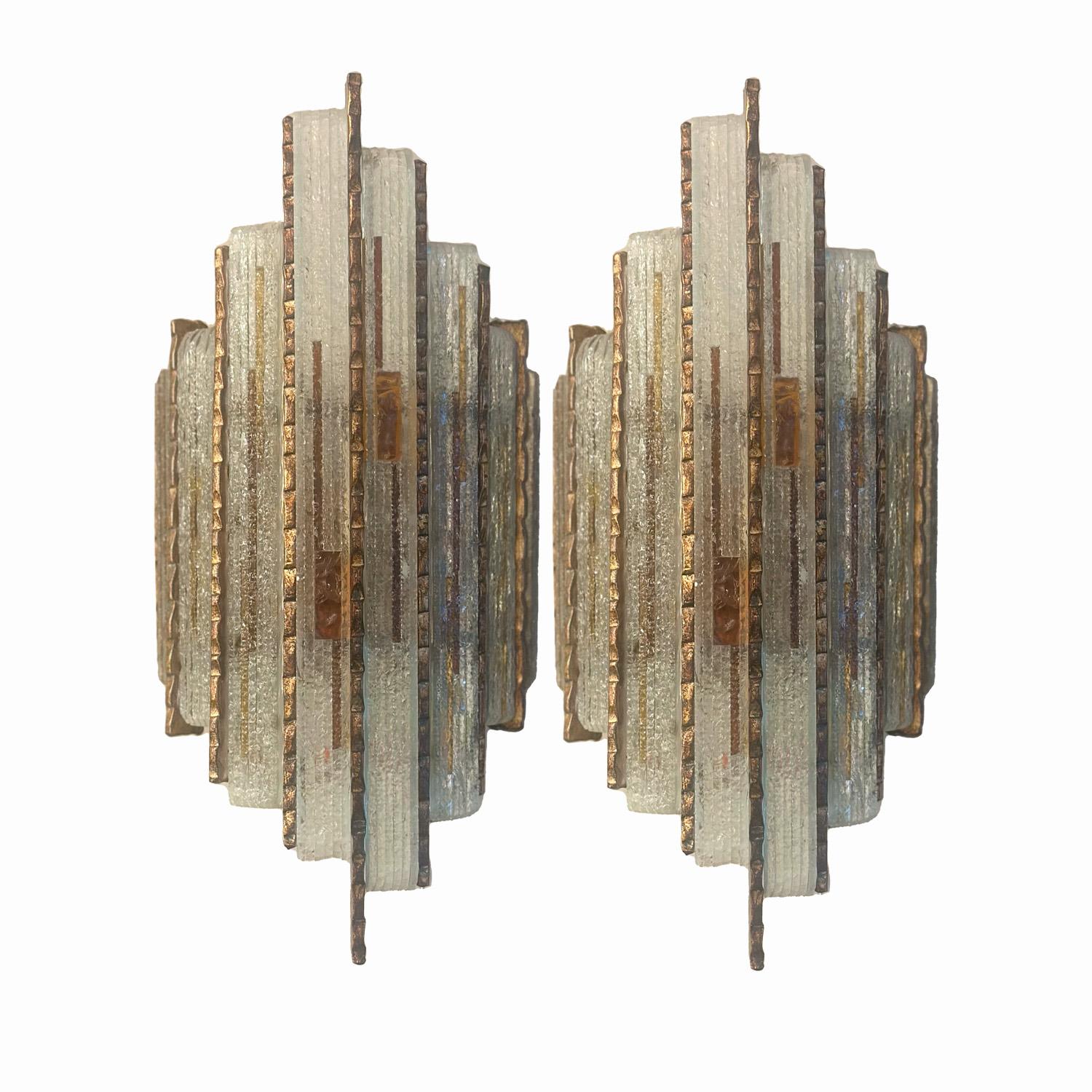 Brutalist Pair Longobard Clear and Amber Hammered Murano Glass and Wrought Iron Sconces