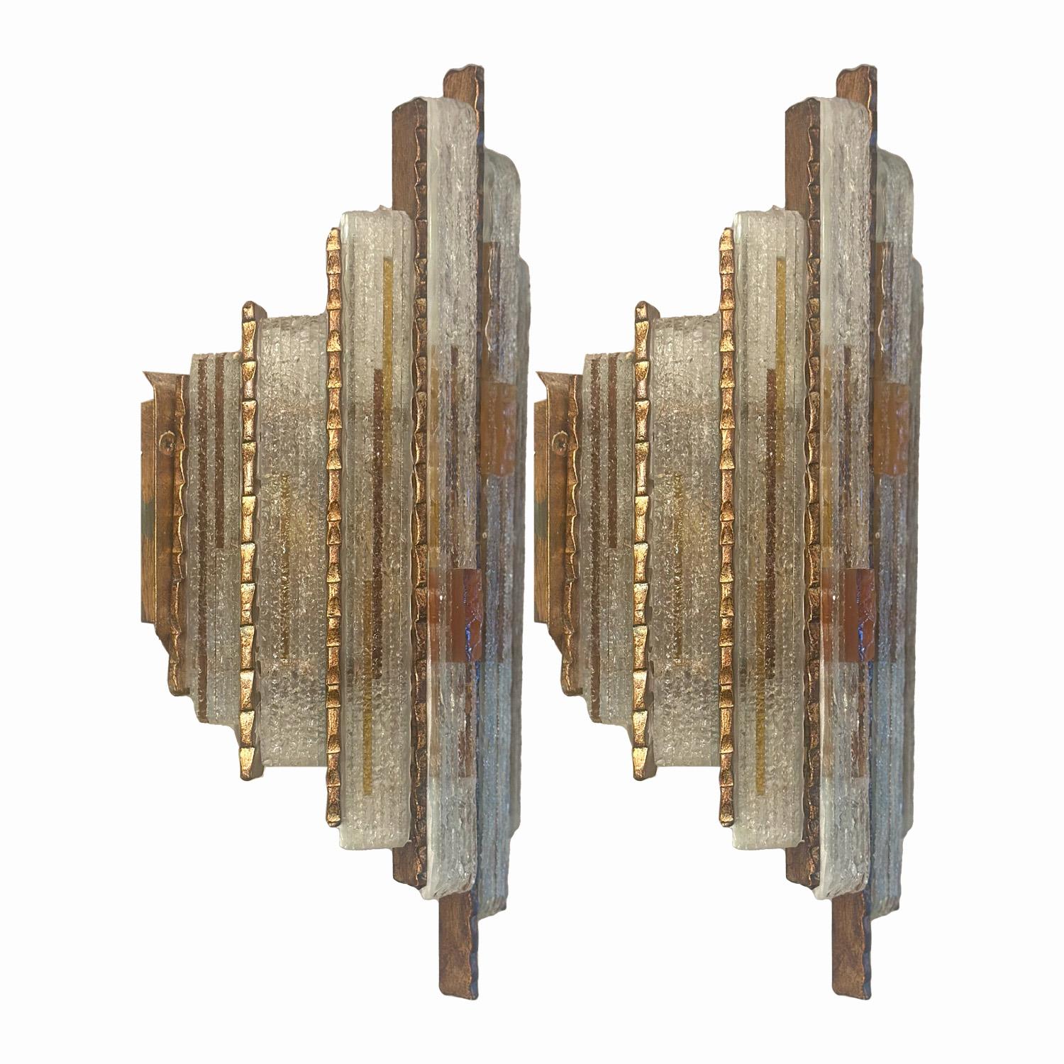 Italian Pair Longobard Clear and Amber Hammered Murano Glass and Wrought Iron Sconces