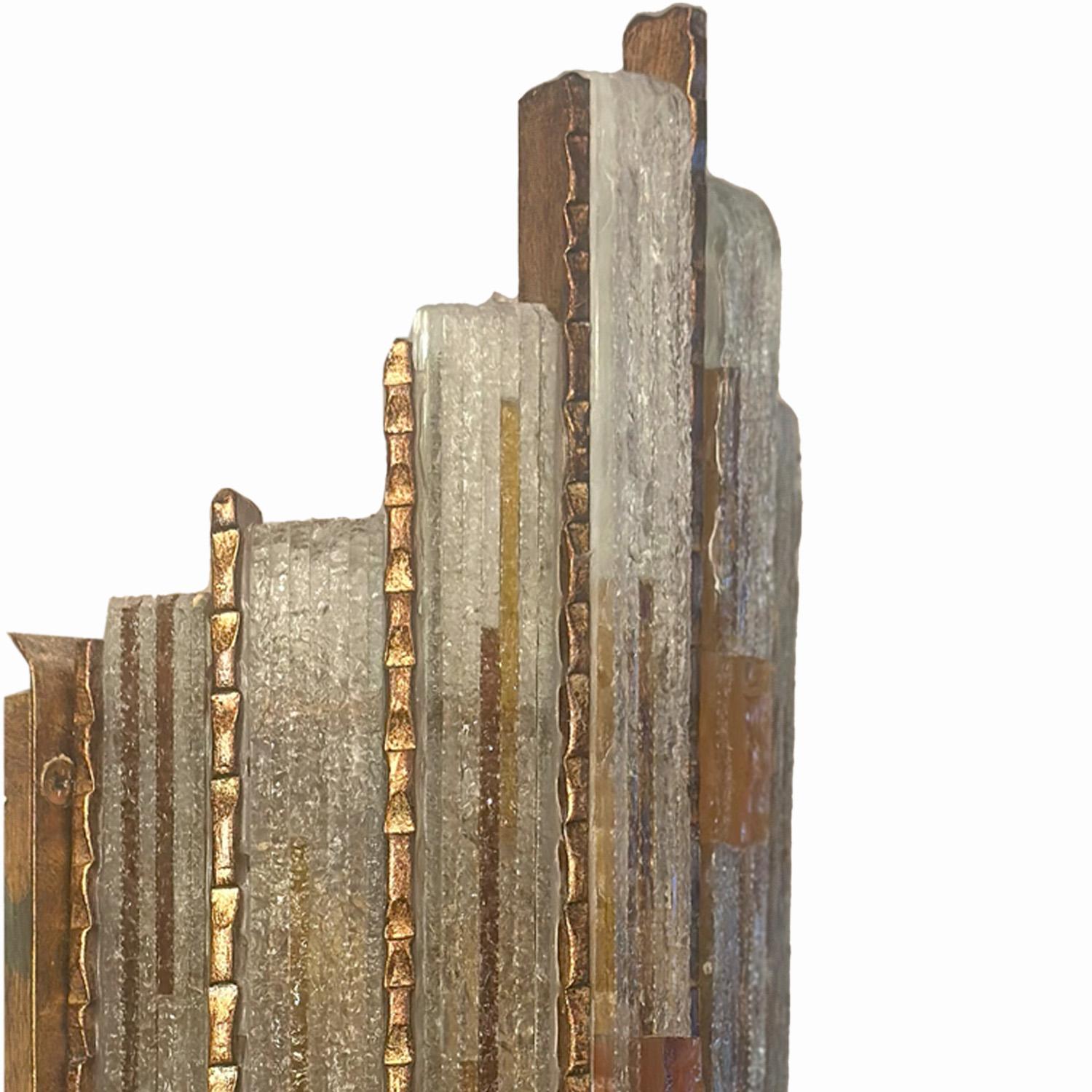 Hand-Crafted Pair Longobard Clear and Amber Hammered Murano Glass and Wrought Iron Sconces