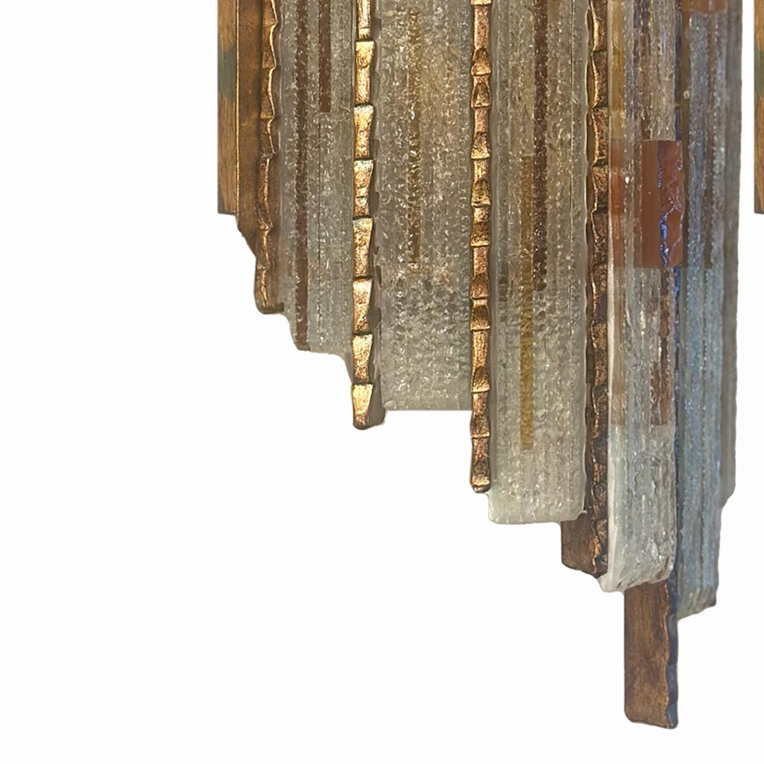 Pair Longobard Clear and Amber Hammered Murano Glass and Wrought Iron Sconces In Good Condition In New York, NY