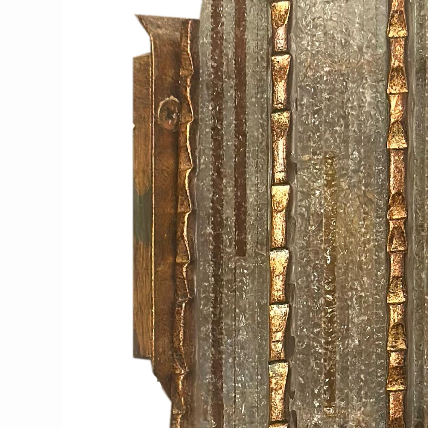 Late 20th Century Pair Longobard Clear and Amber Hammered Murano Glass and Wrought Iron Sconces