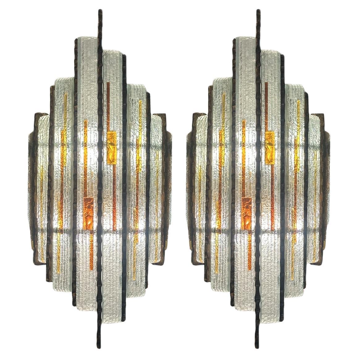 Pair Longobard Clear and Amber Hammered Murano Glass and Wrought Iron Sconces