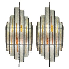 Pair Longobard Clear and Amber Hammered Murano Glass and Wrought Iron Sconces