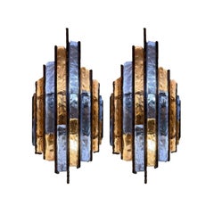 Pair Longobard Pink & Amethyst Hammered Murano Glass and Wrought Iron Sconces