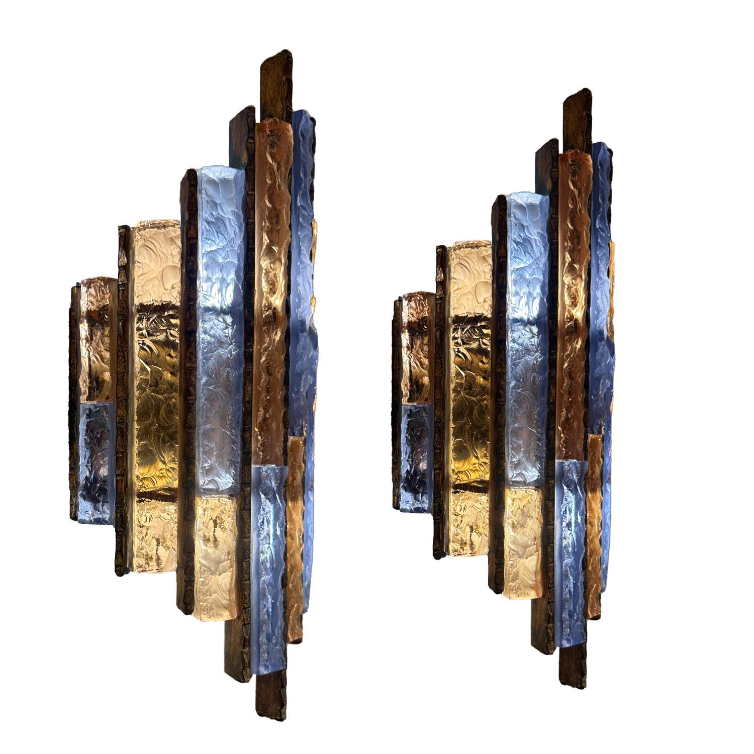 Brutalist Pair Longobard Pink & Amethyst Hammered Murano Glass and Wrought Iron Sconces For Sale